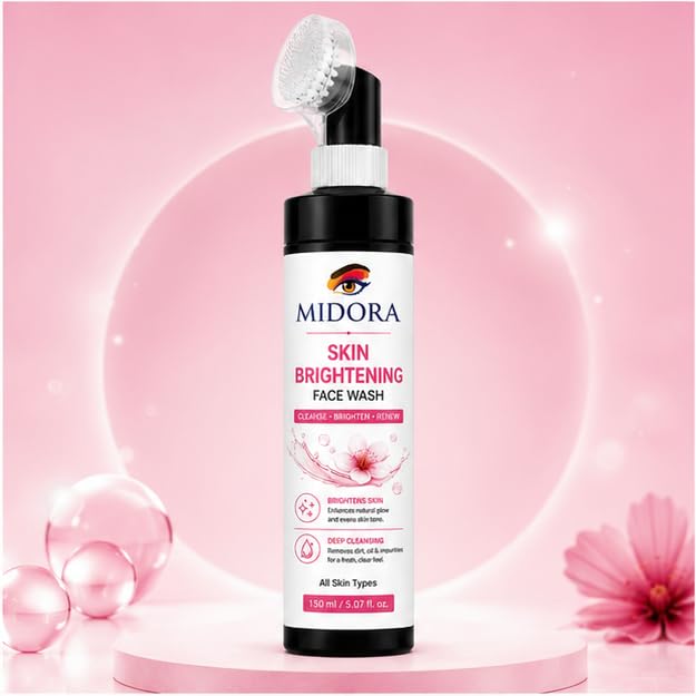 MIDORA Skin Brightening Face Wash with Built In Soft Brush Deep Cleansing Facial Cleanser Daily Refreshing Face Wash for All Skin Types Lightweight Formula 150ml