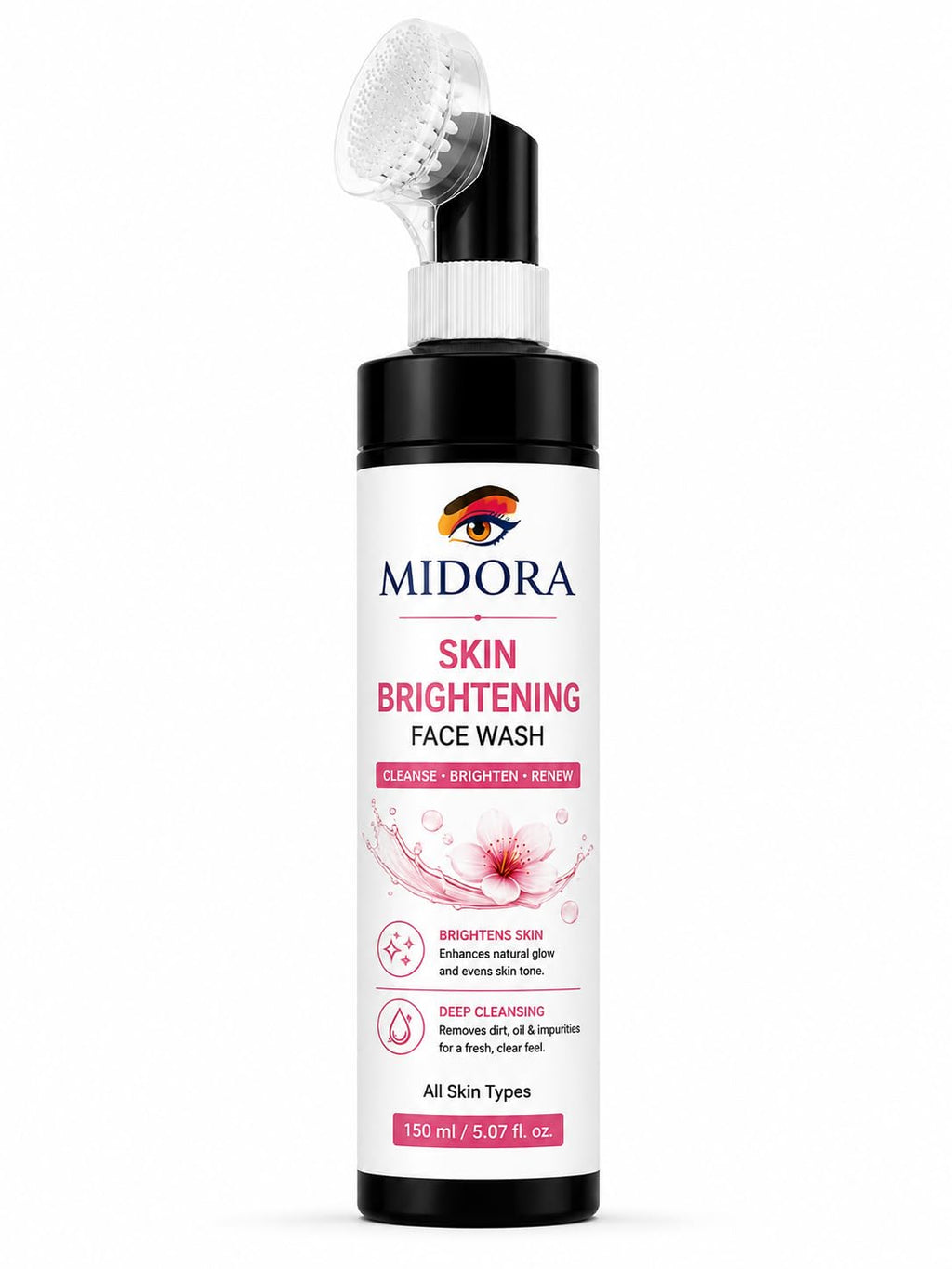 MIDORA Skin Brightening Face Wash with Built In Soft Brush Deep Cleansing Facial Cleanser Daily Refreshing Face Wash for All Skin Types Lightweight Formula 150ml