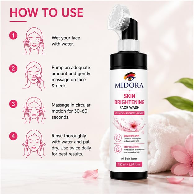MIDORA Skin Brightening Face Wash with Built In Soft Brush Deep Cleansing Facial Cleanser Daily Refreshing Face Wash for All Skin Types Lightweight Formula 150ml