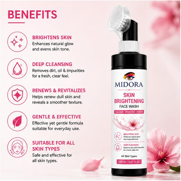 MIDORA Skin Brightening Face Wash with Built In Soft Brush Deep Cleansing Facial Cleanser Daily Refreshing Face Wash for All Skin Types Lightweight Formula 150ml