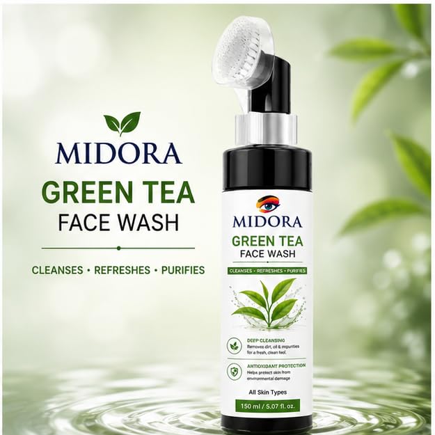 MIDORA Green Tea Face Wash with Built In Soft Brush Deep Cleansing Face Cleanser for Oil Dirt and Impurity Removal Refreshing Daily Skin Care for All Skin Types 150ml