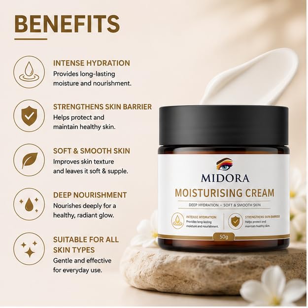MIDORA Moisturising Cream for Deep Hydration and Skin Barrier Support Daily Face Moisturizer Lightweight Nourishing Cream for Soft Smooth Skin All Skin Types 50g