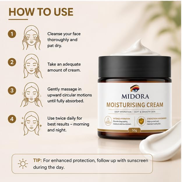 MIDORA Moisturising Cream for Deep Hydration and Skin Barrier Support Daily Face Moisturizer Lightweight Nourishing Cream for Soft Smooth Skin All Skin Types 50g
