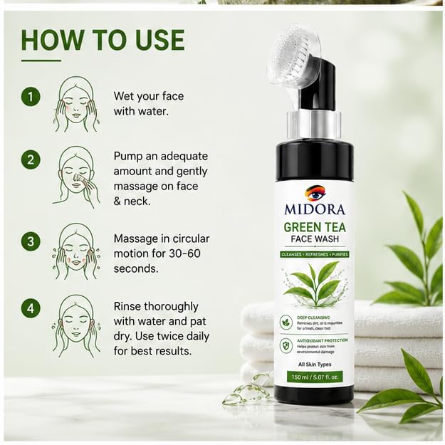MIDORA Green Tea Face Wash with Built In Soft Brush Deep Cleansing Face Cleanser for Oil Dirt and Impurity Removal Refreshing Daily Skin Care for All Skin Types 150ml
