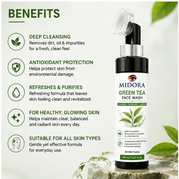 MIDORA Green Tea Face Wash with Built In Soft Brush Deep Cleansing Face Cleanser for Oil Dirt and Impurity Removal Refreshing Daily Skin Care for All Skin Types 150ml