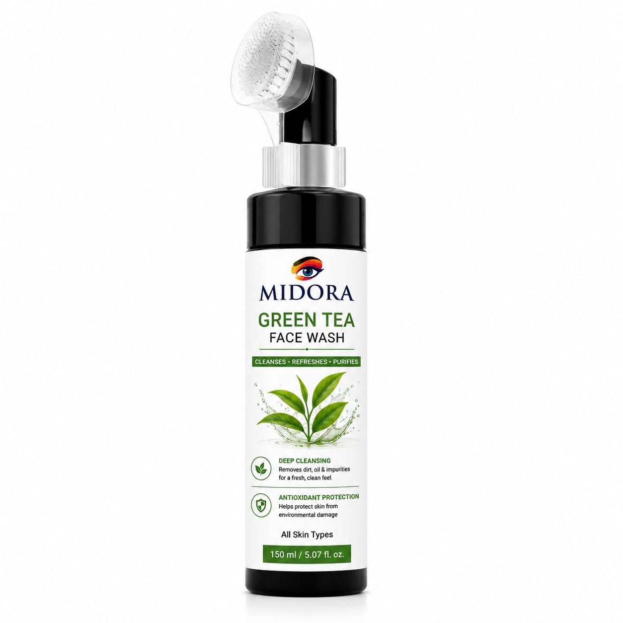 MIDORA Green Tea Face Wash with Built In Soft Brush Deep Cleansing Face Cleanser for Oil Dirt and Impurity Removal Refreshing Daily Skin Care for All Skin Types 150ml
