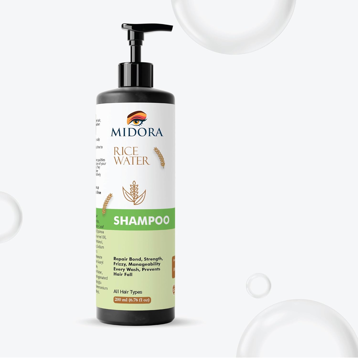 Midora Rice Water Shampoo for All Hair Types, Repair Bond Strength Frizzy Hair, Prevents Hair Fall, 200ml