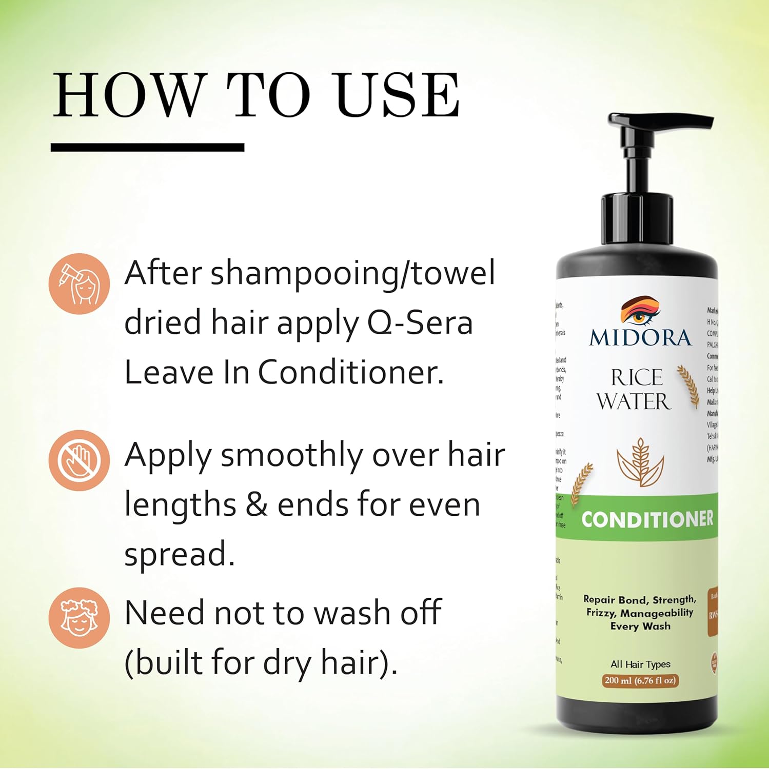 Midora Rice Water Conditioner, All Hair Types, Repair Bond Strength Frizzy Manageability, 200ml