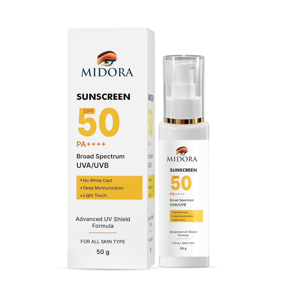 Midora Sunscreen SPF 50 PA++++, Broad Spectrum UVA/UVB, Lightweight Gel Formula, No White Cast, Matte Finish, All Skin Types (50GM)