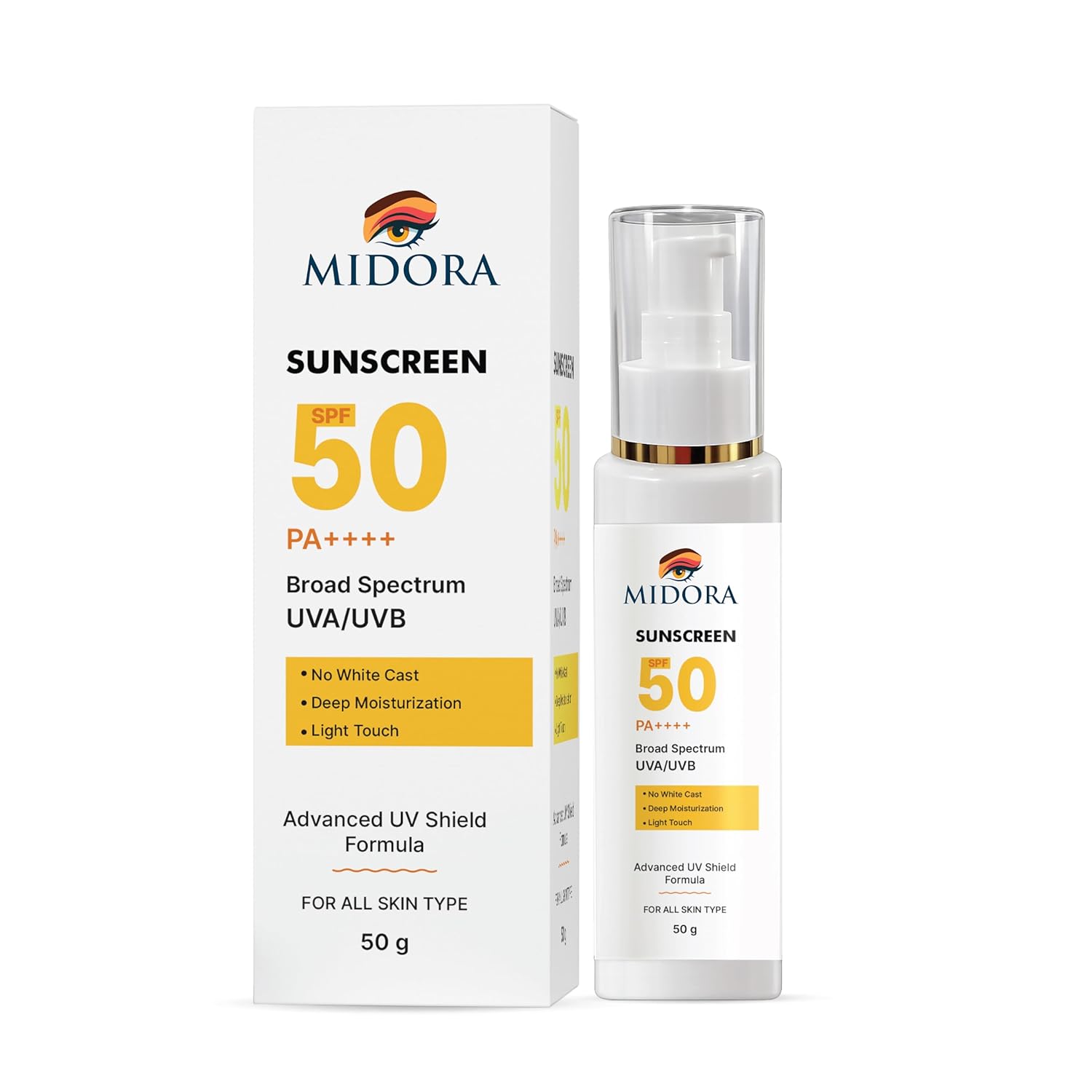 Midora Sunscreen SPF 50 PA++++, Broad Spectrum UVA/UVB, Lightweight Gel Formula, No White Cast, Matte Finish, All Skin Types (50GM)