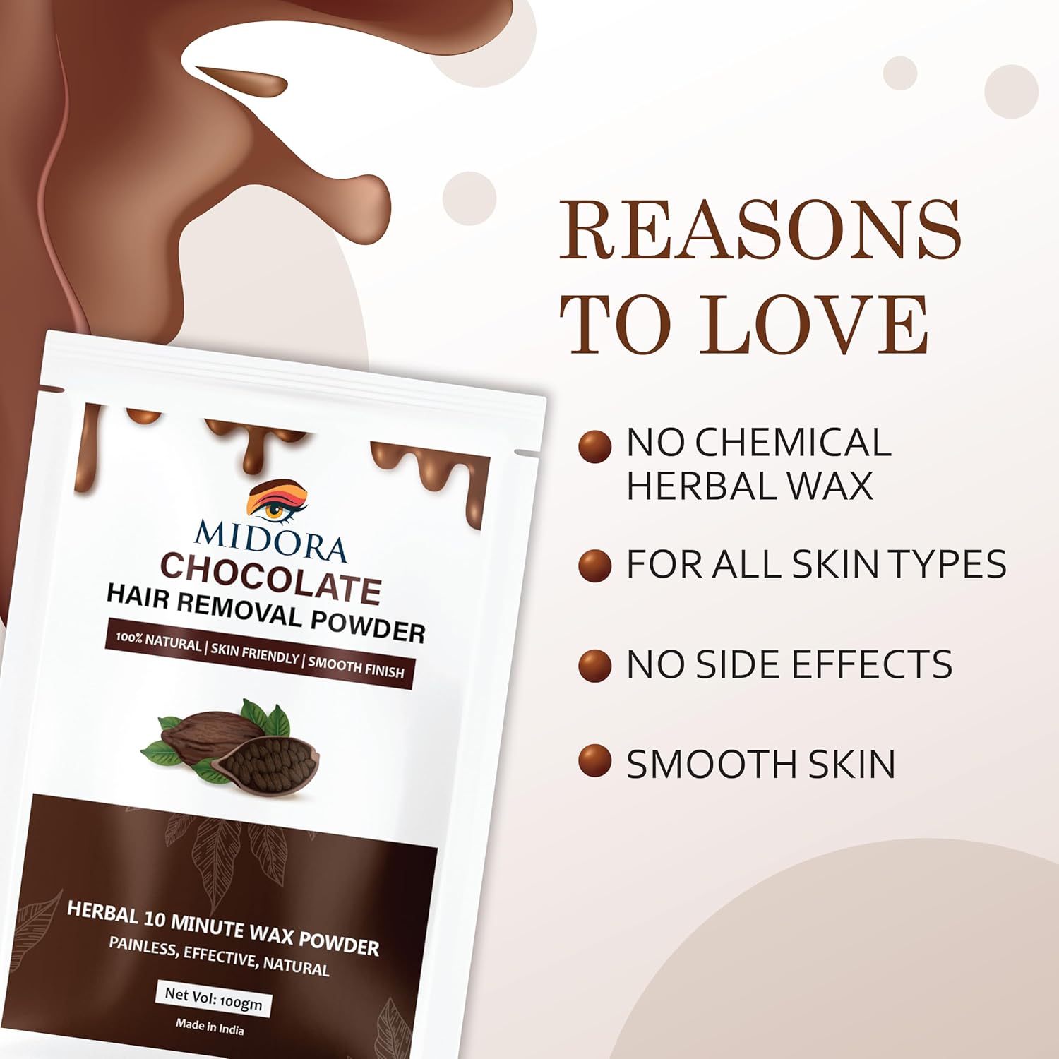 Midora Chocolate Hair Removal Powder | Herbal Wax | Facial Hair Removal | No Side Effects | Instant Hair Removal | 100% Natural | All Skin Types | Unisex | 100gm