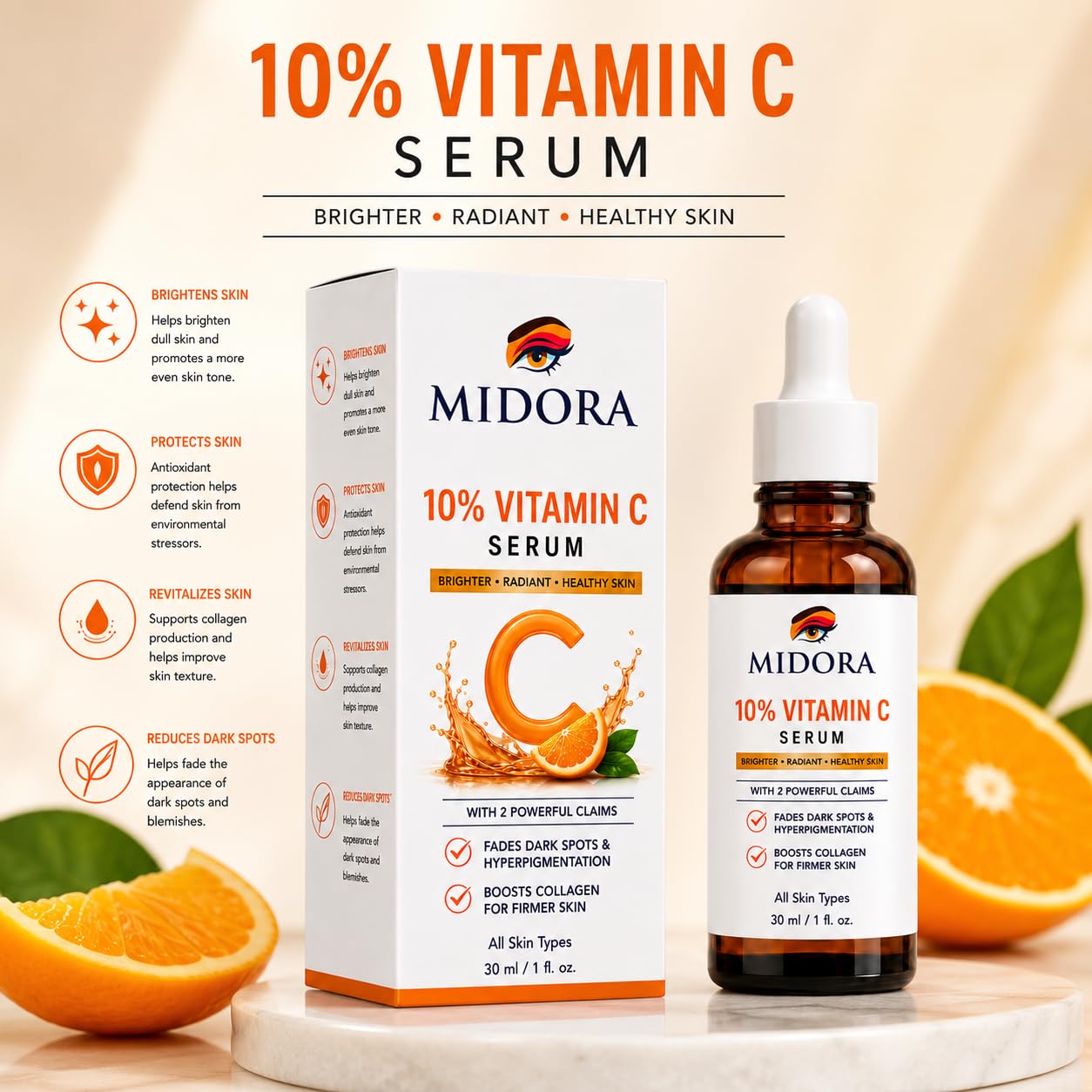 MIDORA Vitamin C Face Serum for Radiant Looking Skin Lightweight Daily Facial Serum with Antioxidant Care Hydrating Formula for All Skin Types 30ml