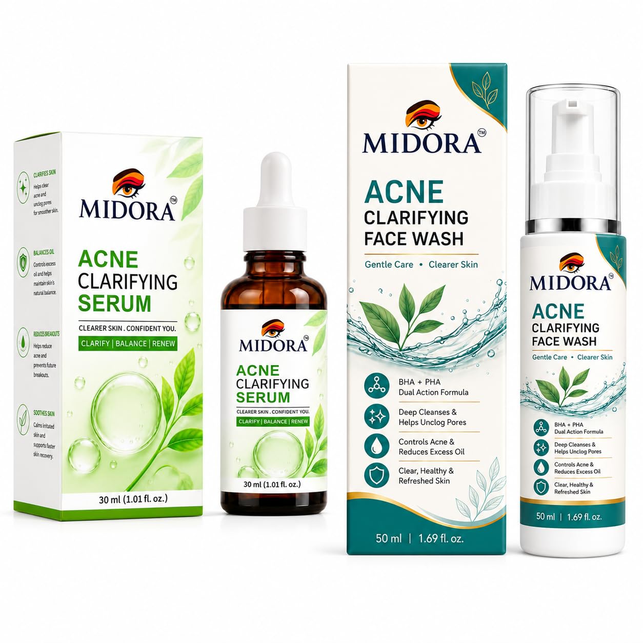 MIDORA Clear Skin Duo — BHA + PHA Acne Clarifying Face Wash & Serum Set