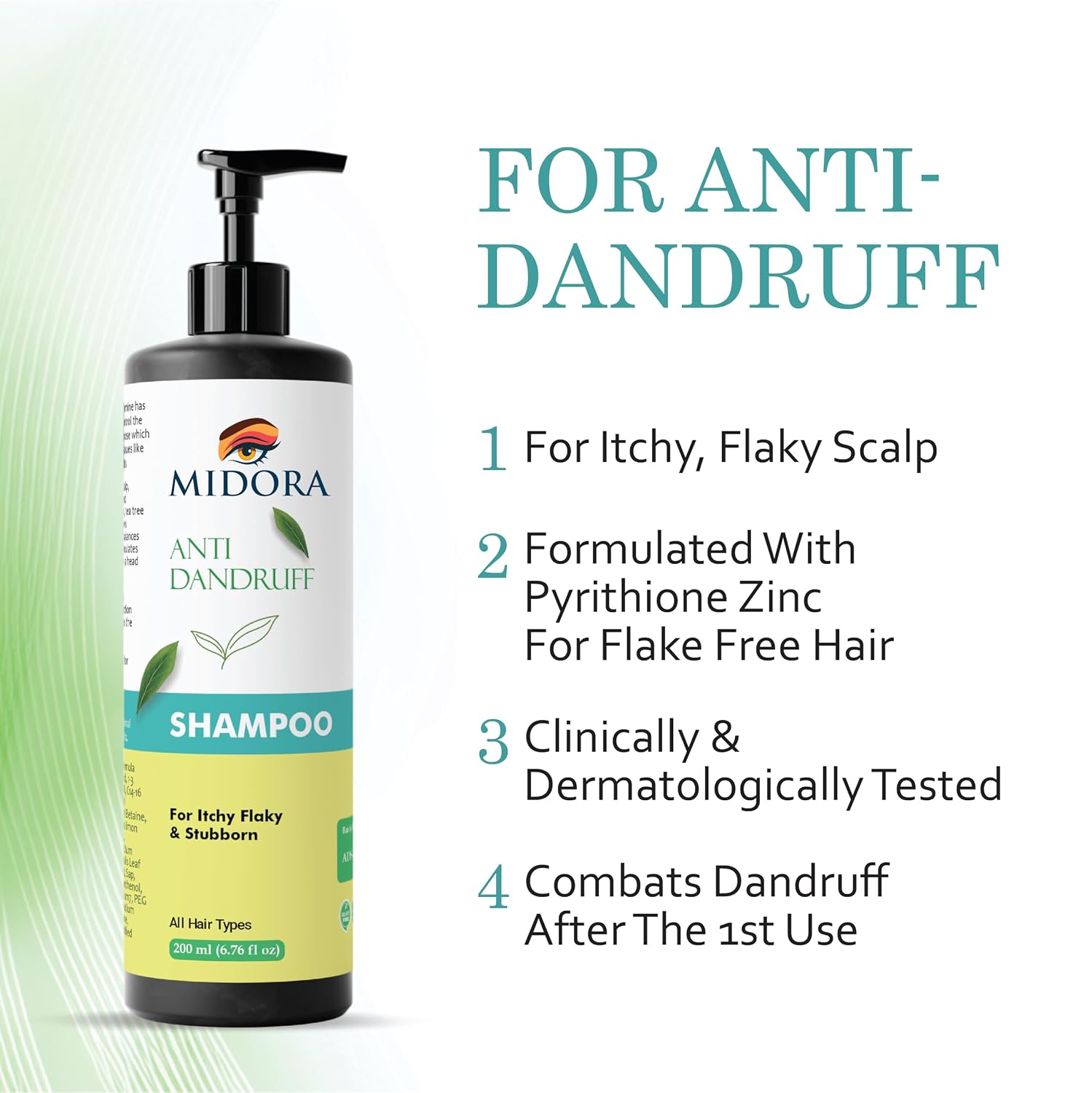 Midora Anti Dandruff Shampoo for Itchy Flaky and Stubborn Scalp, All Hair Types, 200ml