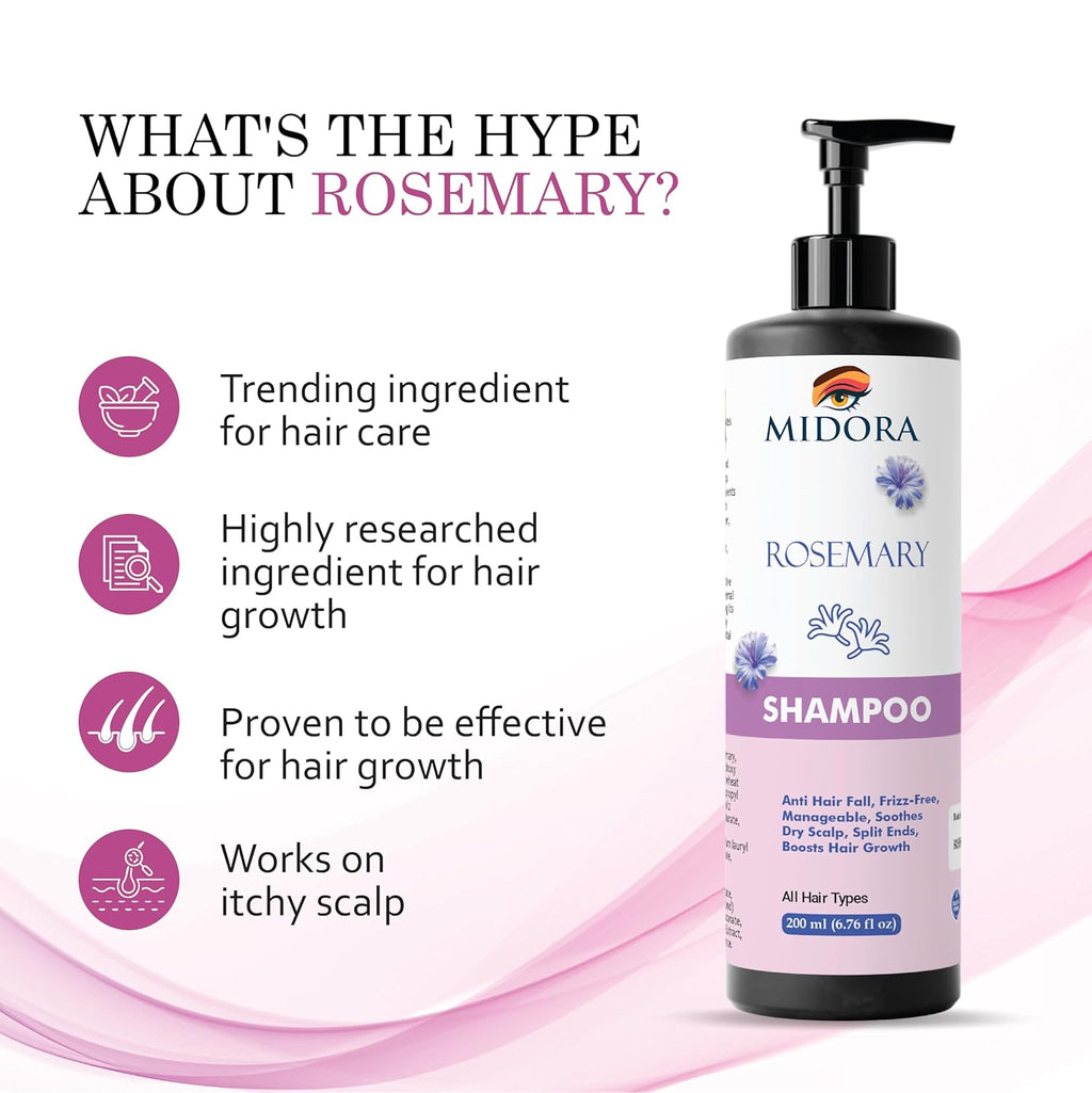 Midora Rosemary Shampoo for All Hair Types, Anti Hair Fall, Frizz-Free, Split Ends Treatment, 200ml