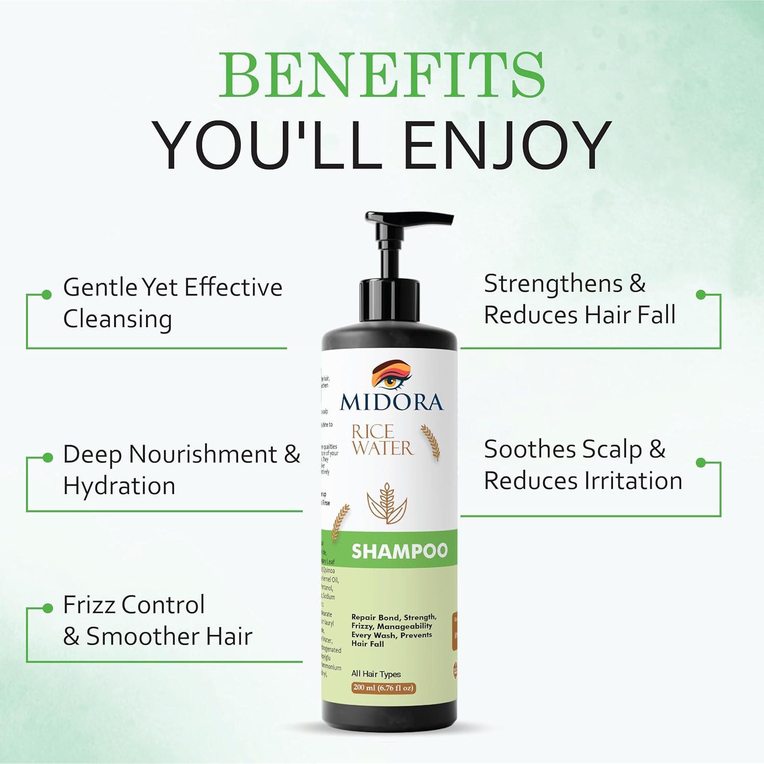 Midora Rice Water Shampoo for All Hair Types, Repair Bond Strength Frizzy Hair, Prevents Hair Fall, 200ml