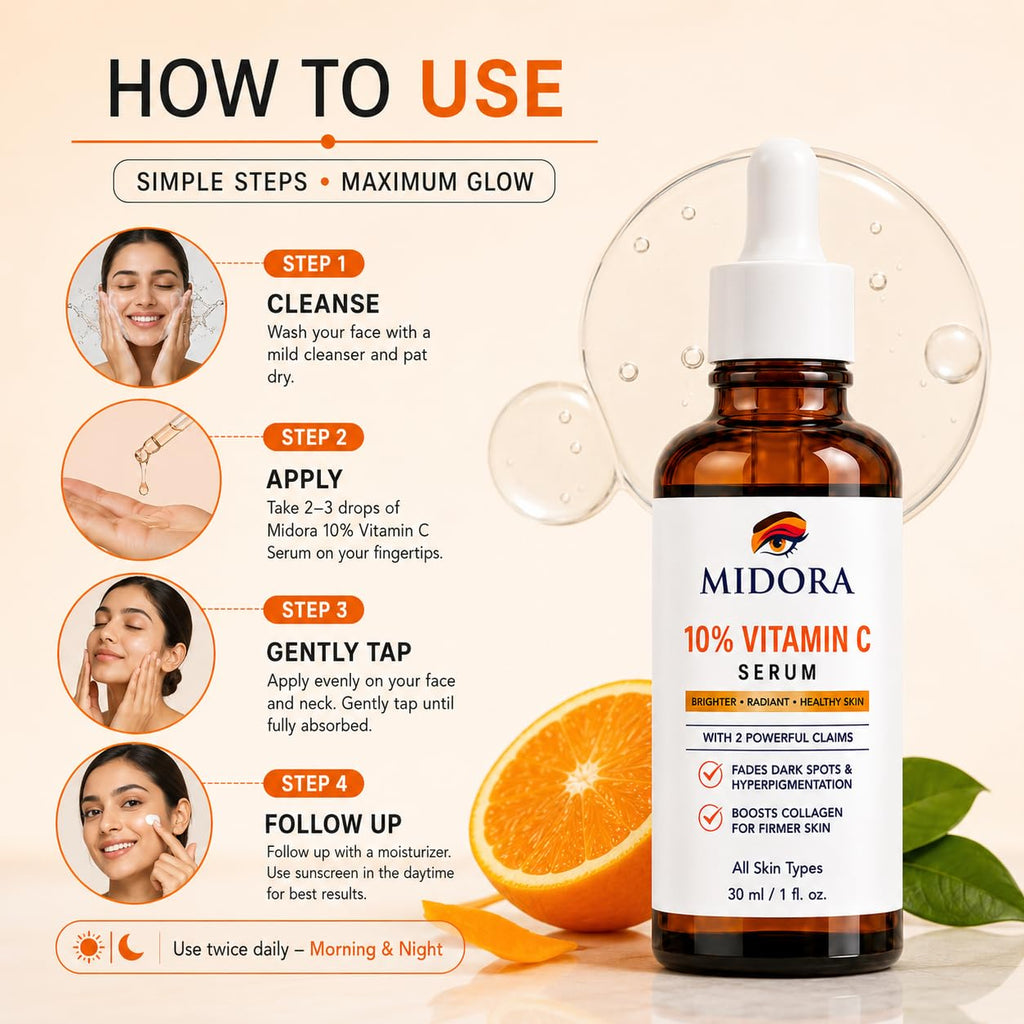 MIDORA Vitamin C Face Serum for Radiant Looking Skin Lightweight Daily Facial Serum with Antioxidant Care Hydrating Formula for All Skin Types 30ml