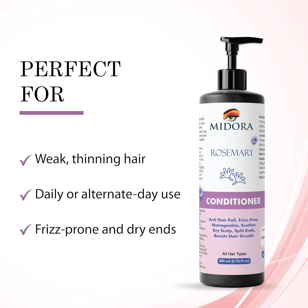 Midora Rosemary Conditioner, Anti Hair Fall, Frizz-Free, Manageable, Soothes Dry Scalp, Split Ends, Boosts Hair Growth, All Hair Types, 200ml