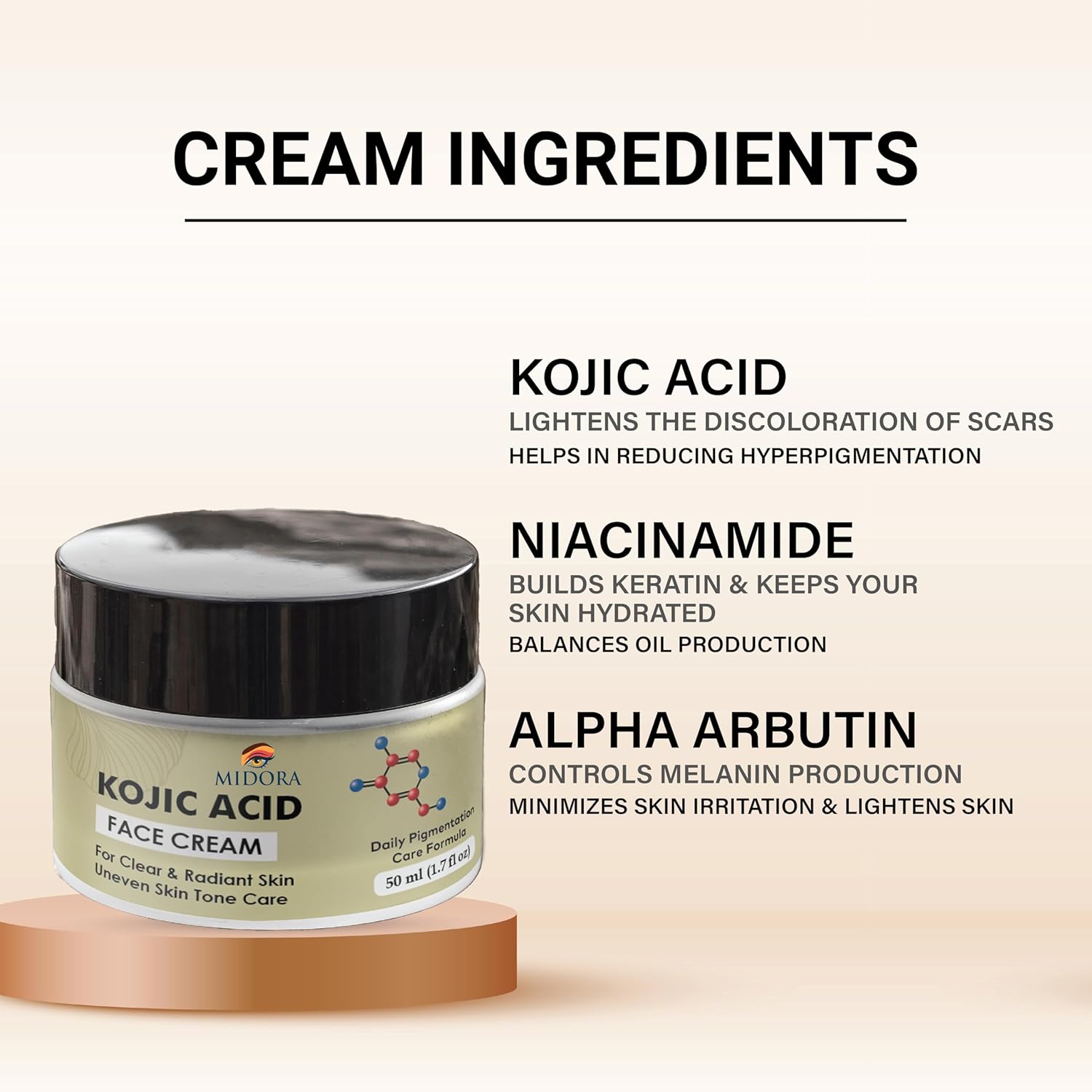 Midora Kojic Acid Face Cream 1%, Daily Pigmentation Care Formula, Clear & Radiant Skin, Uneven Skin Tone Care, 50ml