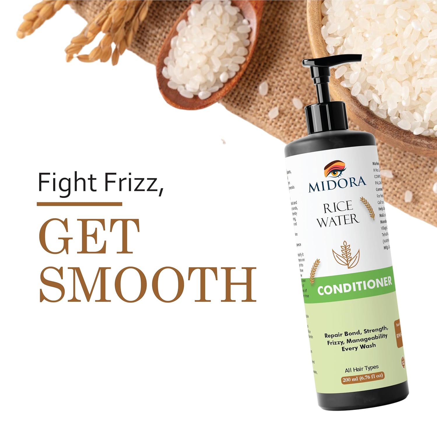 Midora Rice Water Conditioner, All Hair Types, Repair Bond Strength Frizzy Manageability, 200ml