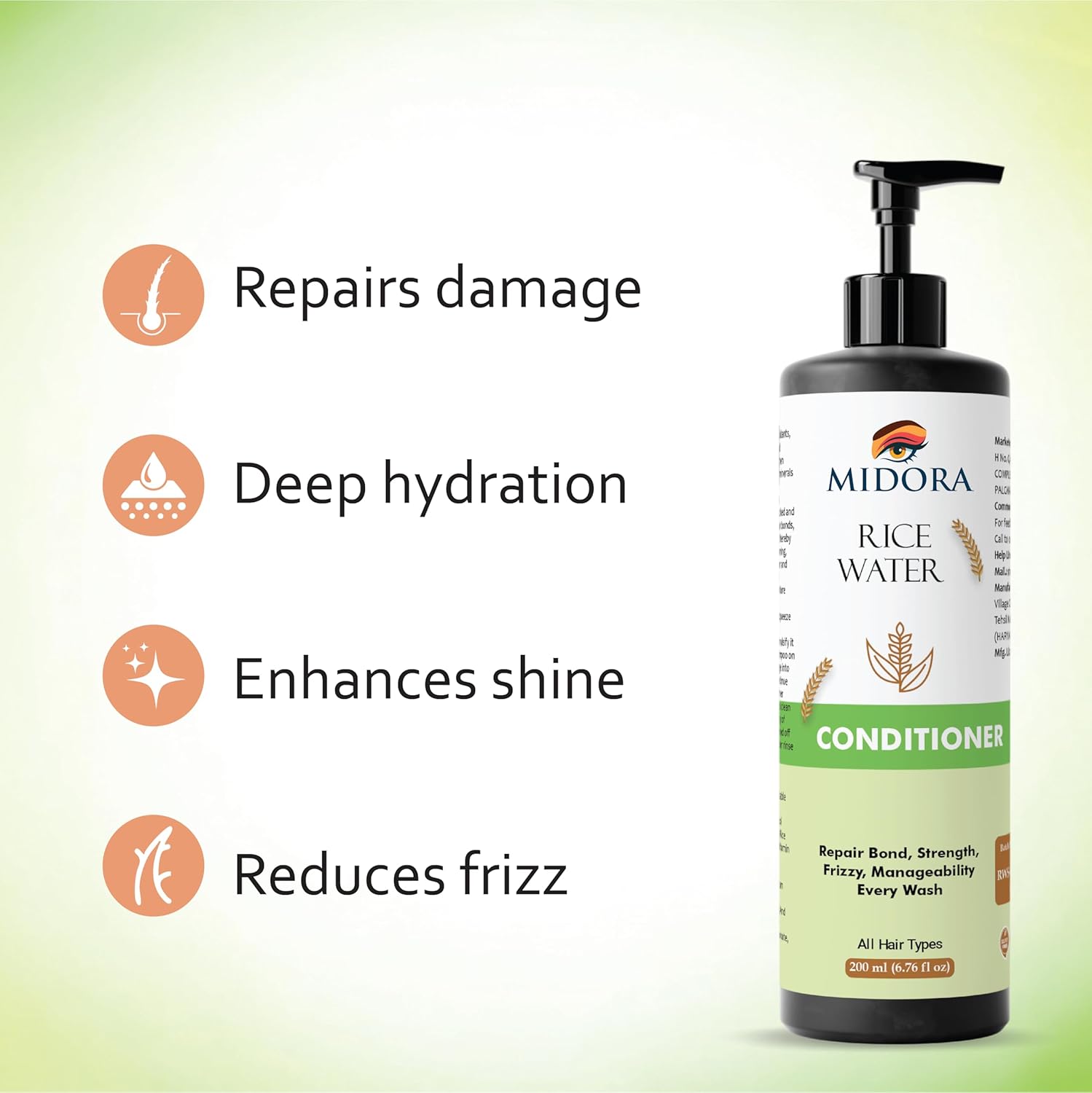 Midora Rice Water Conditioner, All Hair Types, Repair Bond Strength Frizzy Manageability, 200ml