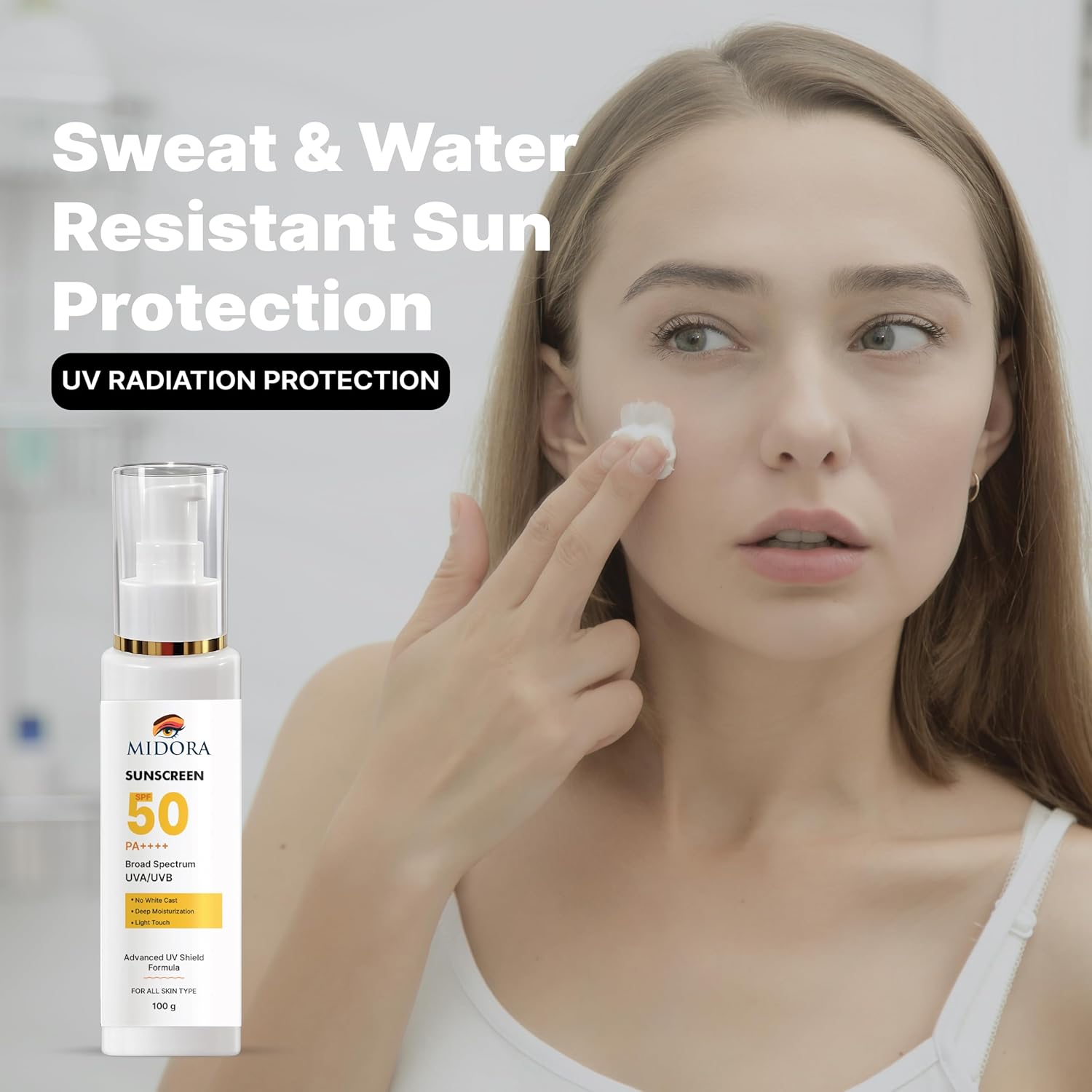 Midora Sunscreen SPF 50 PA++++, Broad Spectrum UVA/UVB, Lightweight Gel Formula, No White Cast, Matte Finish, All Skin Types (100GM)