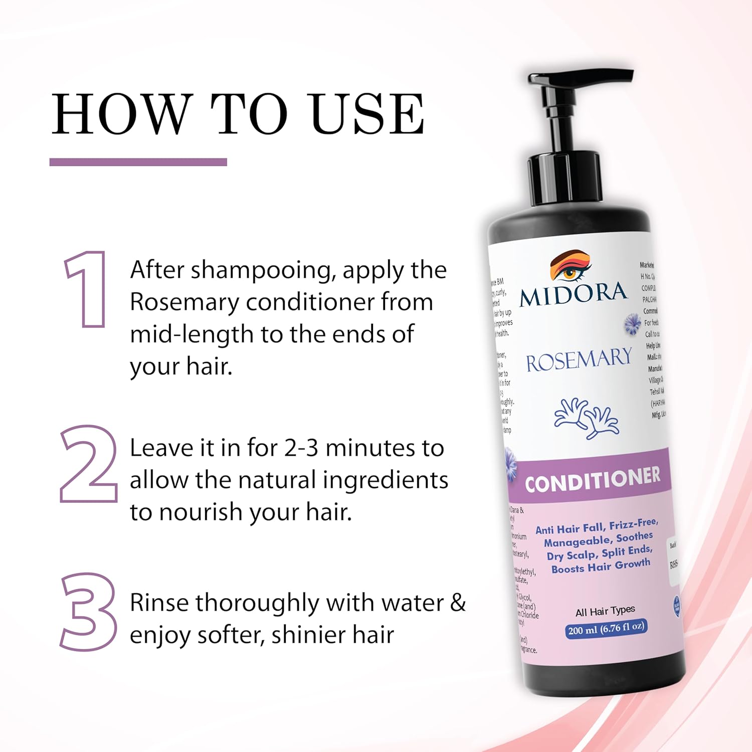 Midora Rosemary Conditioner, Anti Hair Fall, Frizz-Free, Manageable, Soothes Dry Scalp, Split Ends, Boosts Hair Growth, All Hair Types, 200ml