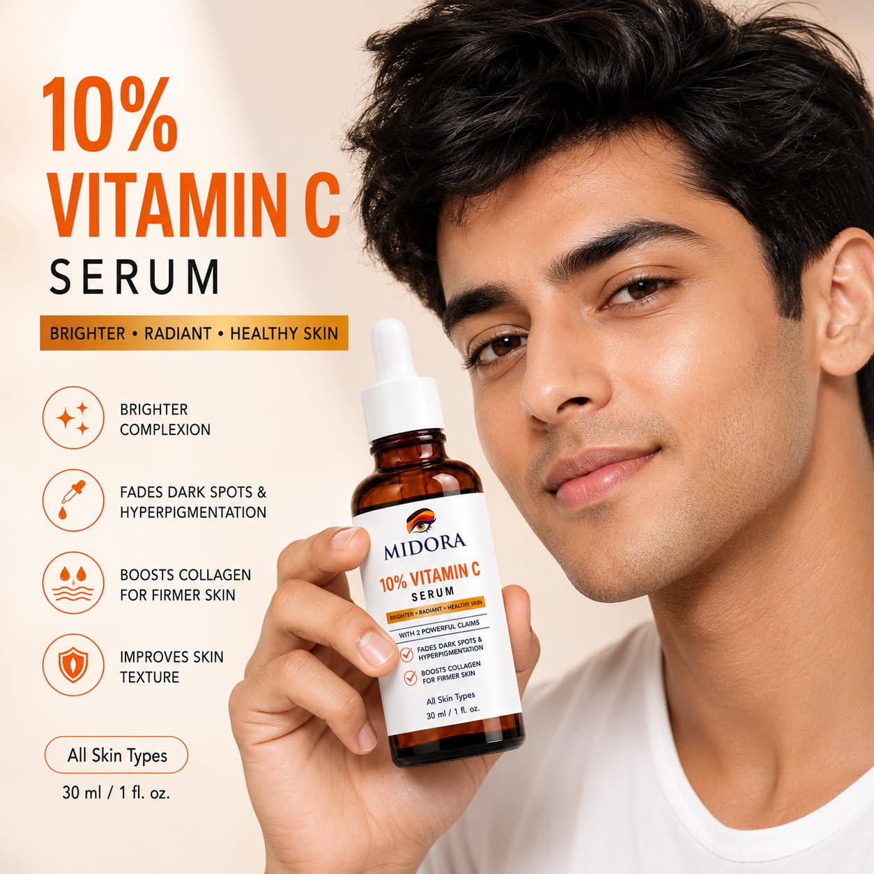 MIDORA Vitamin C Face Serum for Radiant Looking Skin Lightweight Daily Facial Serum with Antioxidant Care Hydrating Formula for All Skin Types 30ml