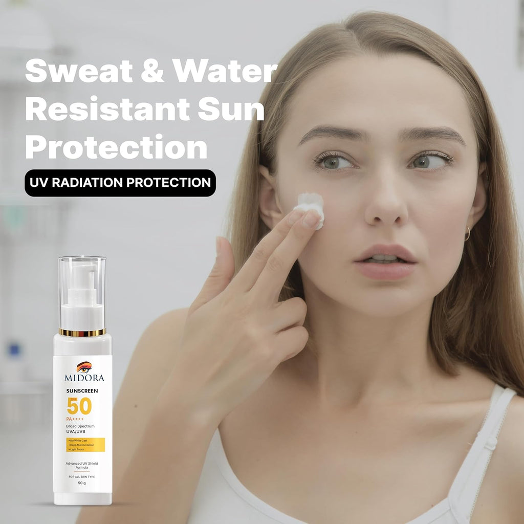 Midora Sunscreen SPF 50 PA++++, Broad Spectrum UVA/UVB, Lightweight Gel Formula, No White Cast, Matte Finish, All Skin Types (50GM)