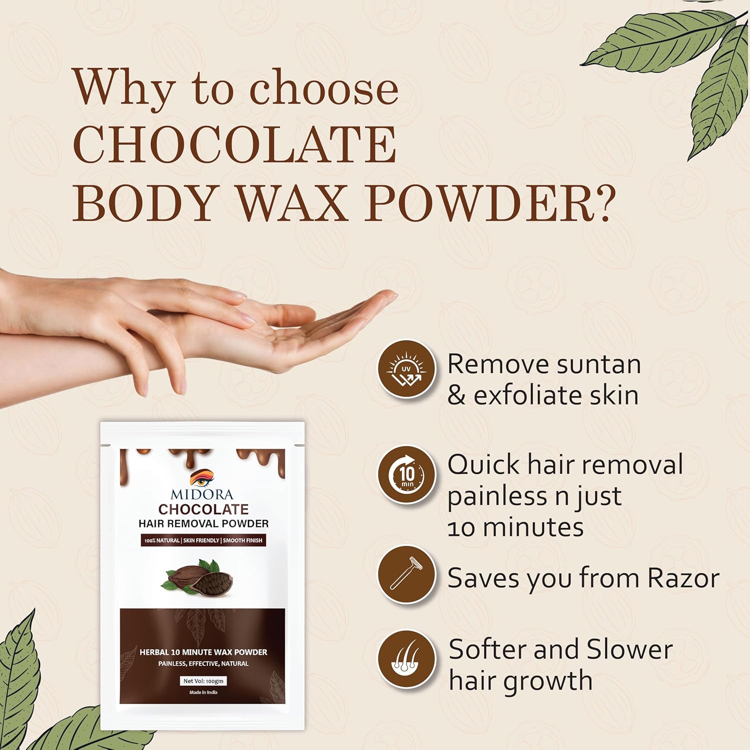 Midora Chocolate Hair Removal Powder | Herbal Wax | Facial Hair Removal | No Side Effects | Instant Hair Removal | 100% Natural | All Skin Types | Unisex | 100gm