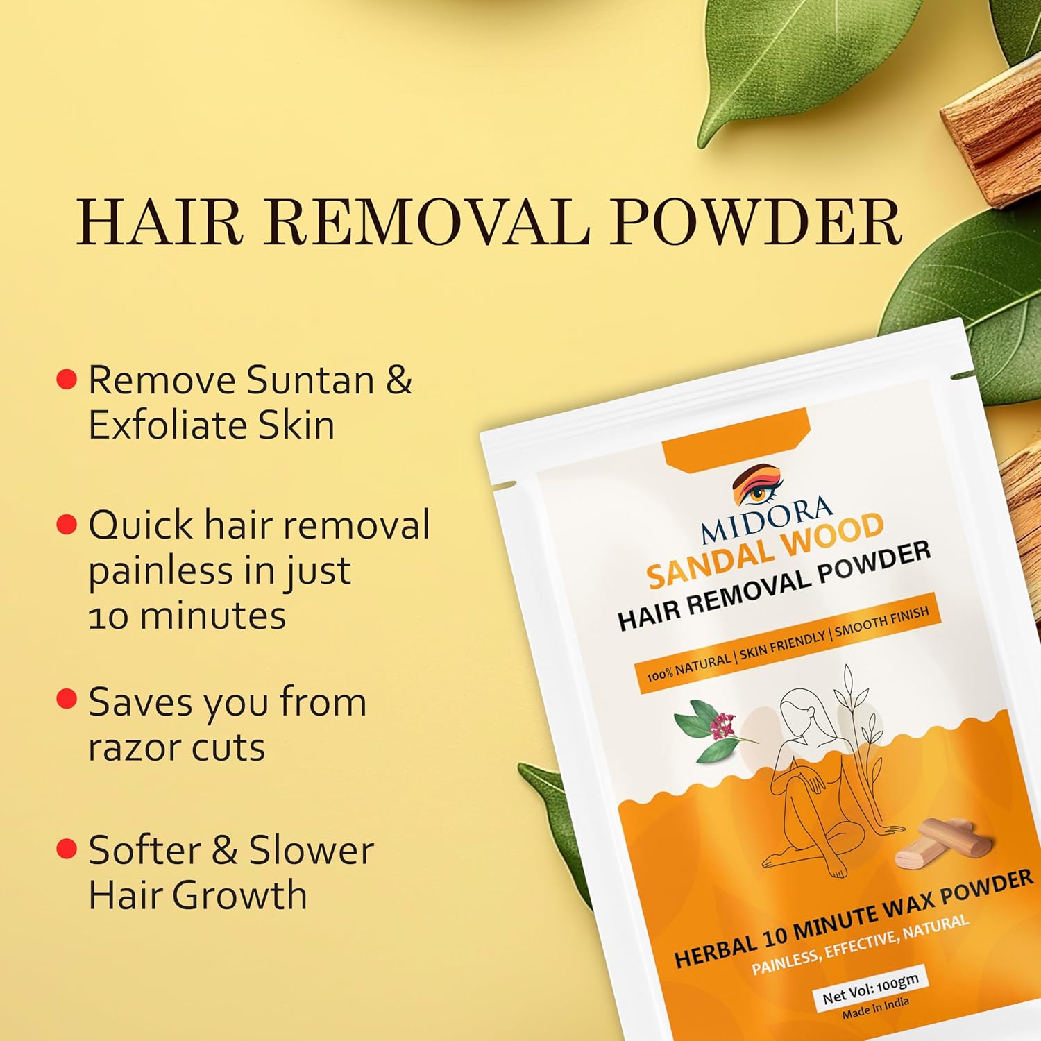 Midora Sandalwood Hair Removal Powder, Herbal Wax Powder, 100% Natural, Painless, 10 Minute Application, 100gm