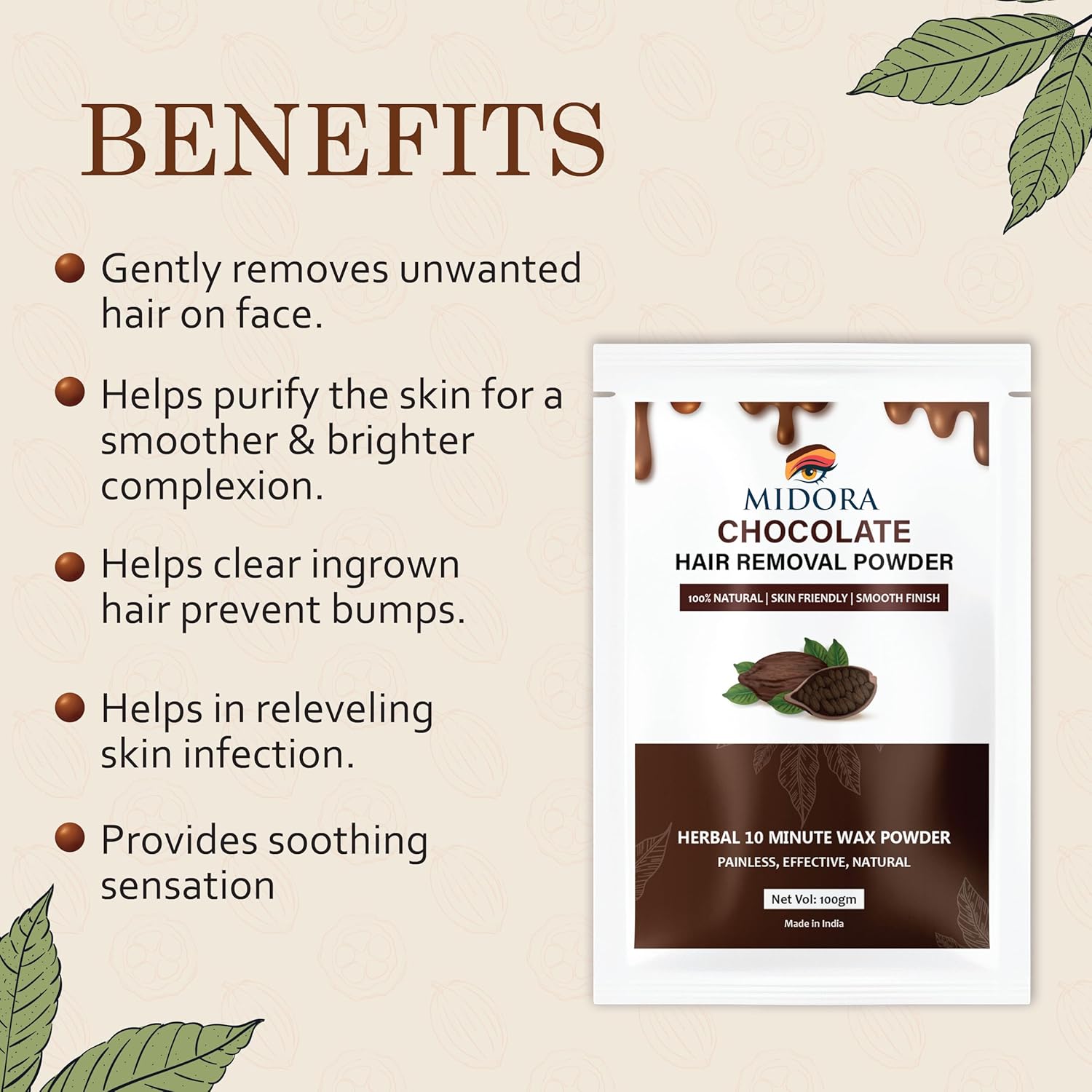Midora Chocolate Hair Removal Powder | Herbal Wax | Facial Hair Removal | No Side Effects | Instant Hair Removal | 100% Natural | All Skin Types | Unisex | 100gm