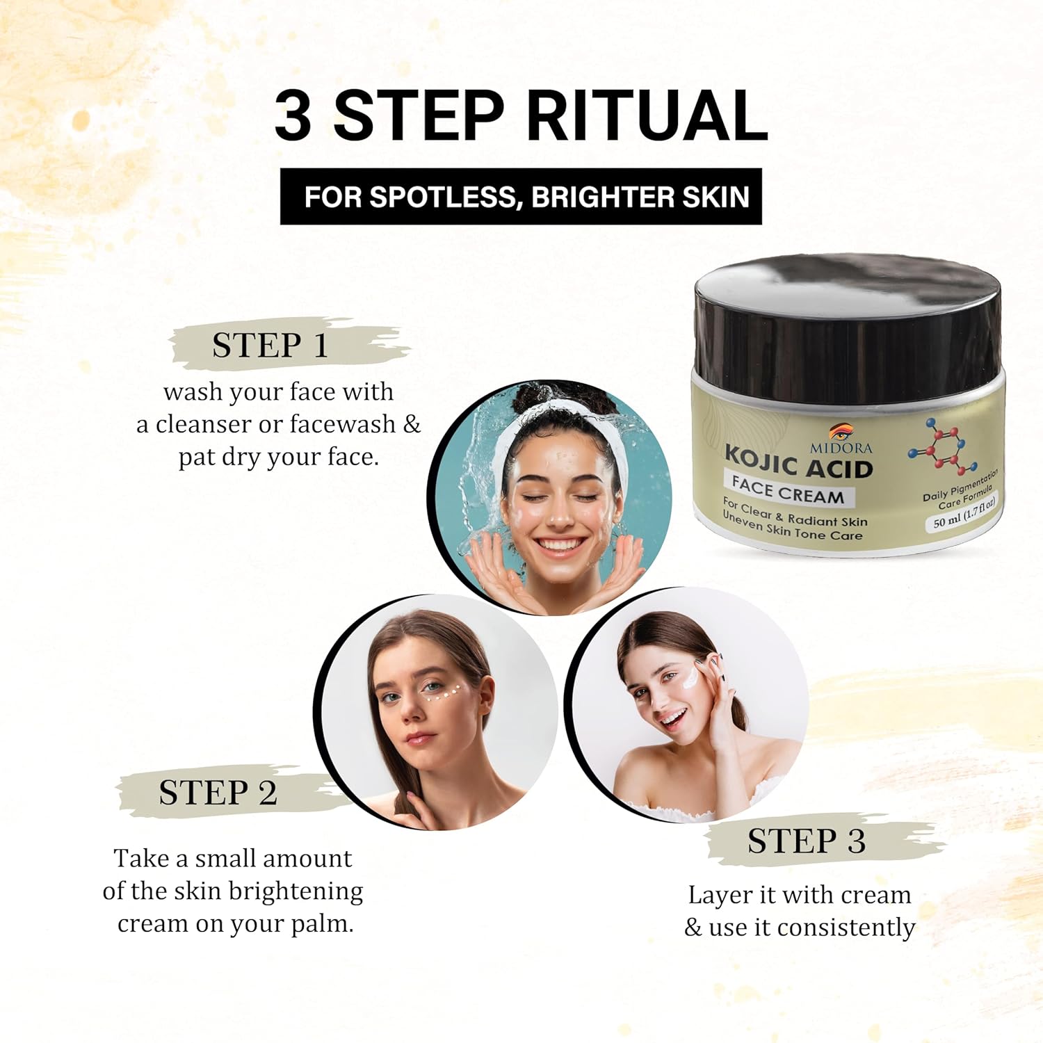 Midora Kojic Acid Face Cream 1%, Daily Pigmentation Care Formula, Clear & Radiant Skin, Uneven Skin Tone Care, 50ml