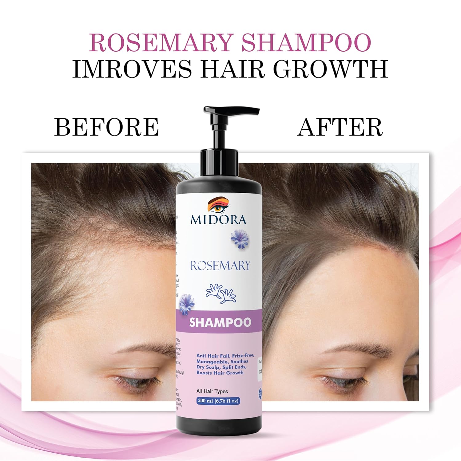 Midora Rosemary Shampoo for All Hair Types, Anti Hair Fall, Frizz-Free, Split Ends Treatment, 200ml