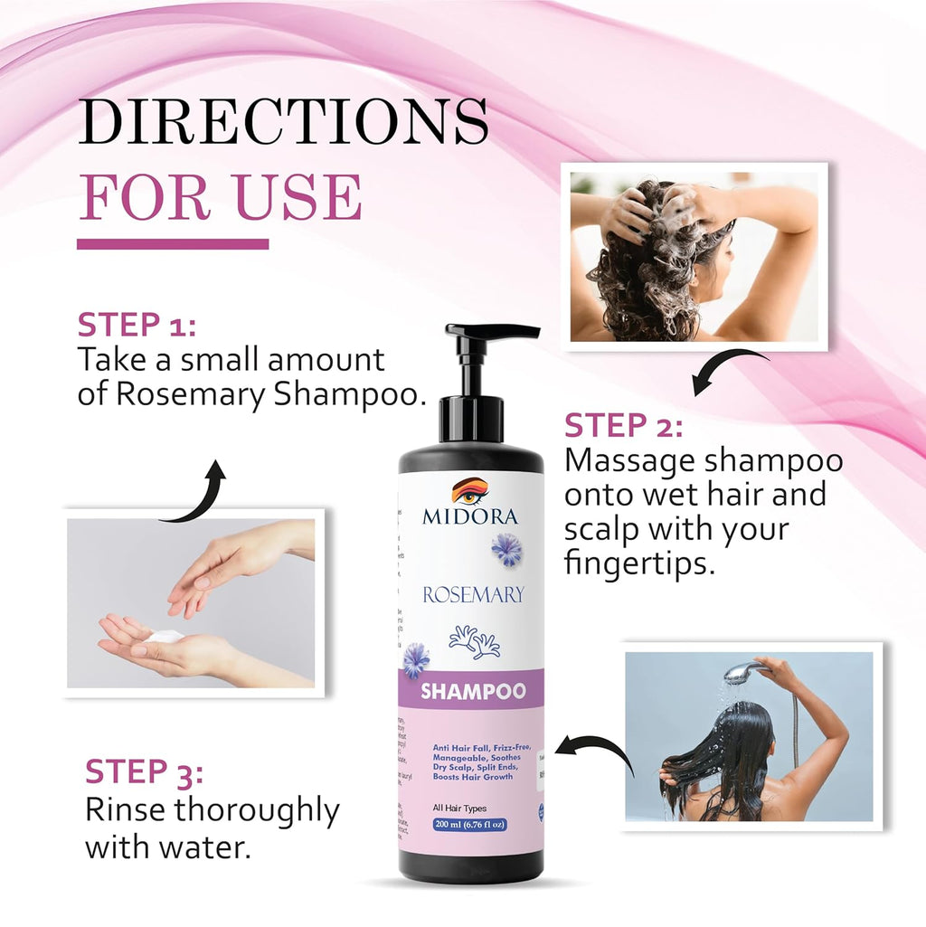 Midora Rosemary Shampoo for All Hair Types, Anti Hair Fall, Frizz-Free, Split Ends Treatment, 200ml