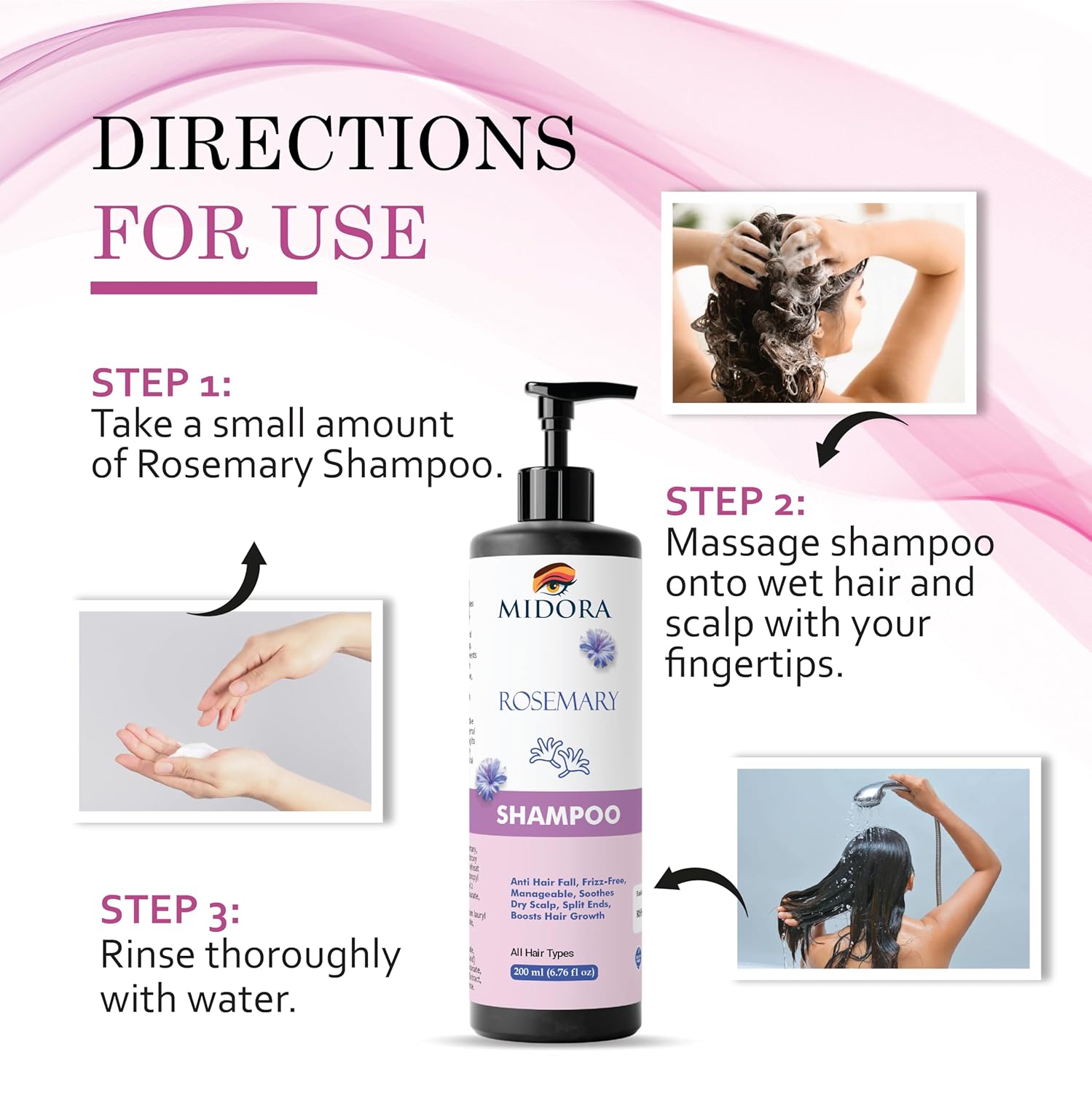 Midora Rosemary Shampoo for All Hair Types, Anti Hair Fall, Frizz-Free, Split Ends Treatment, 200ml