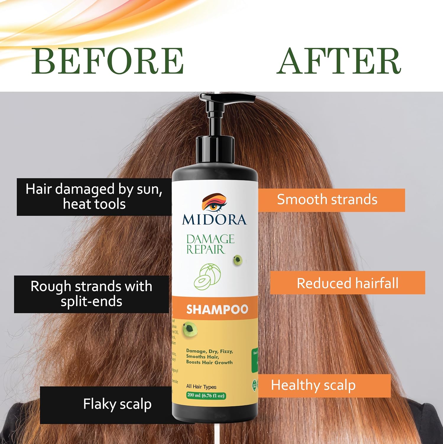 Midora Damage Repair Shampoo for All Hair Types, Smooths Dry Frizzy Hair, Boosts Growth, 200ml