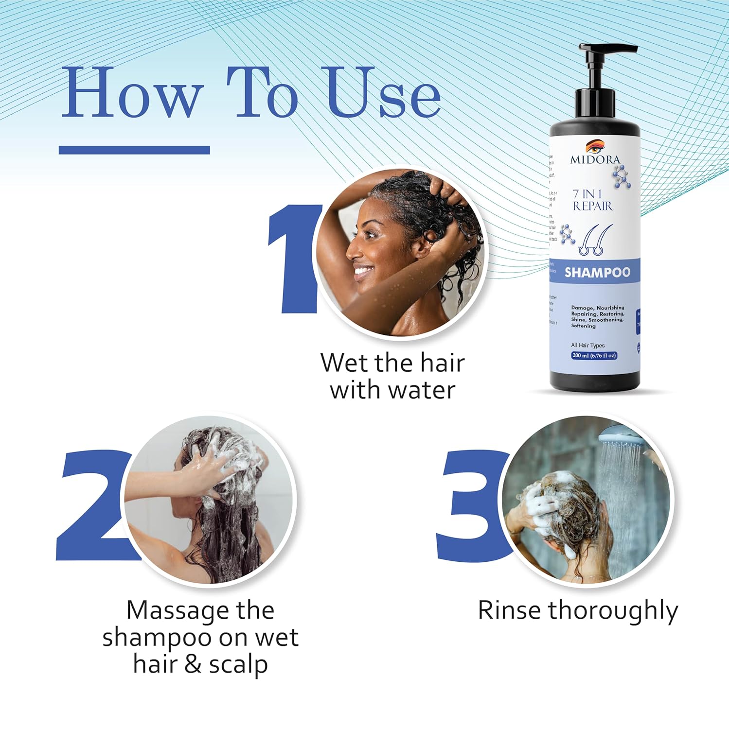 Midora 7-in-1 Repair Shampoo for All Hair Types, Nourishing and Restoring Formula, 200ml
