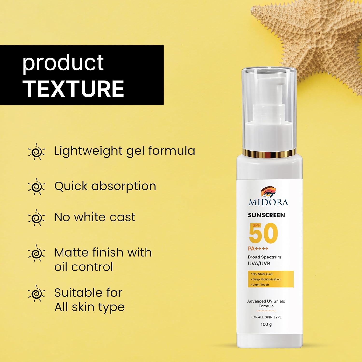 Midora Sunscreen SPF 50 PA++++, Broad Spectrum UVA/UVB, Lightweight Gel Formula, No White Cast, Matte Finish, All Skin Types (100GM)