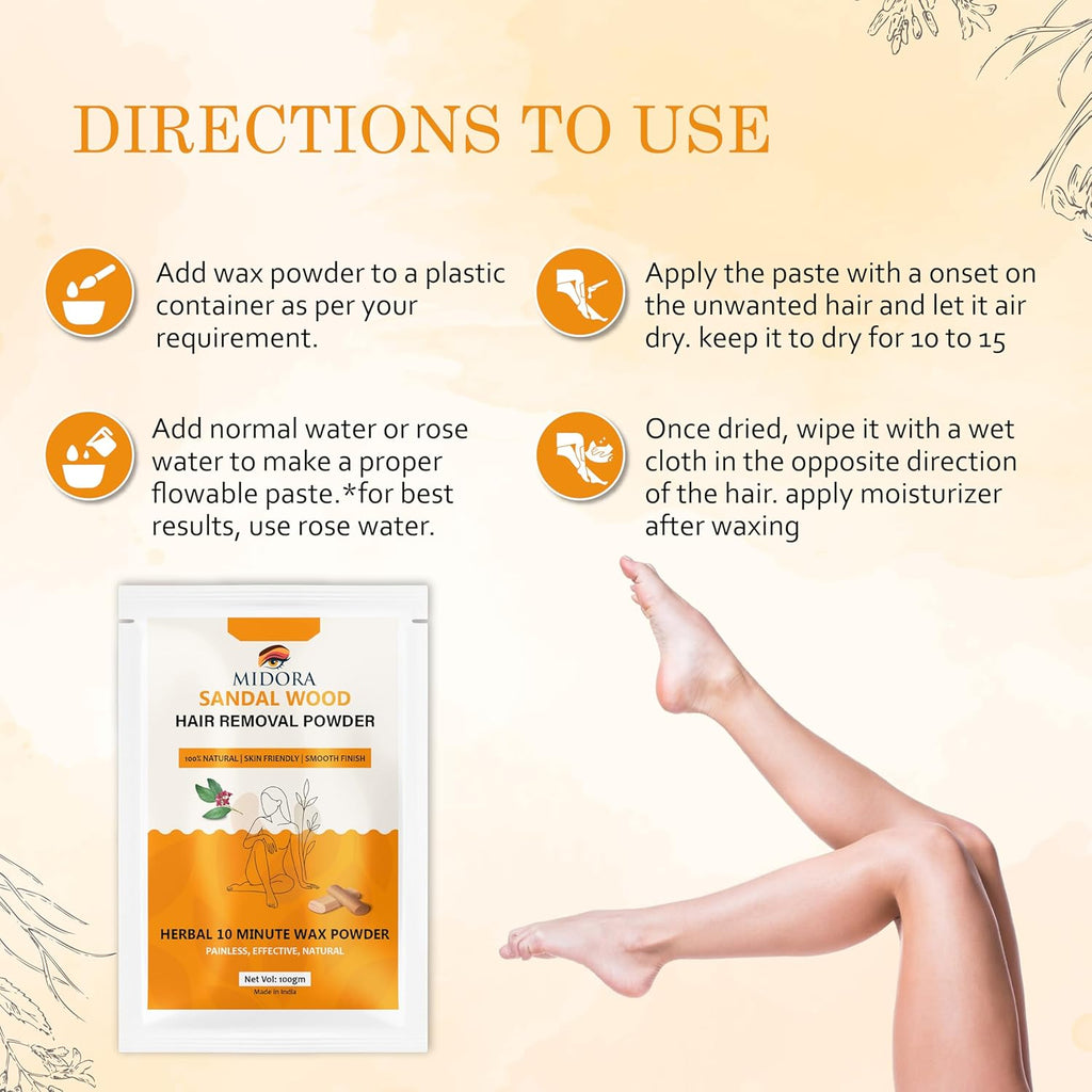Midora Sandalwood Hair Removal Powder, Herbal Wax Powder, 100% Natural, Painless, 10 Minute Application, 100gm
