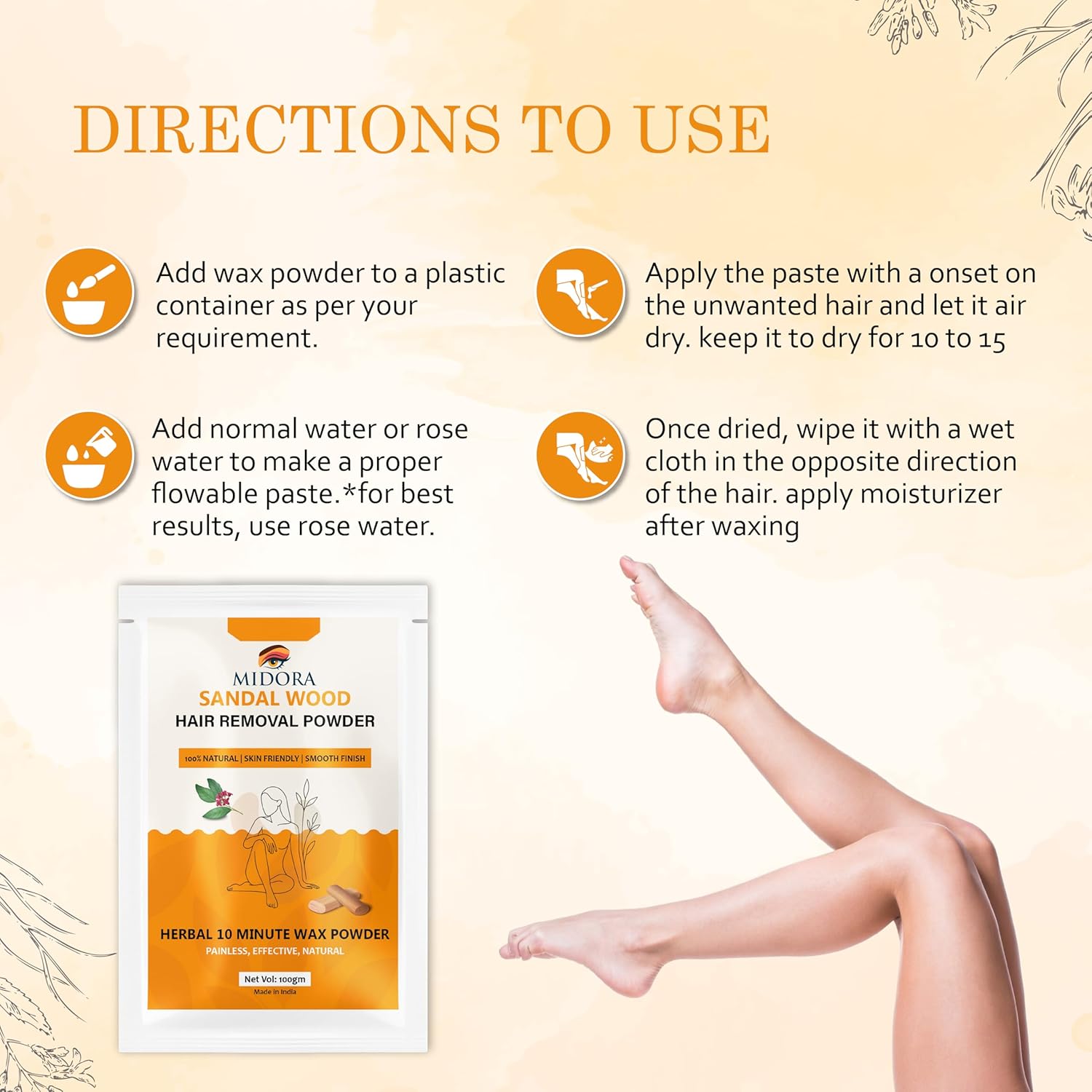 Midora Sandalwood Hair Removal Powder, Herbal Wax Powder, 100% Natural, Painless, 10 Minute Application, 100gm