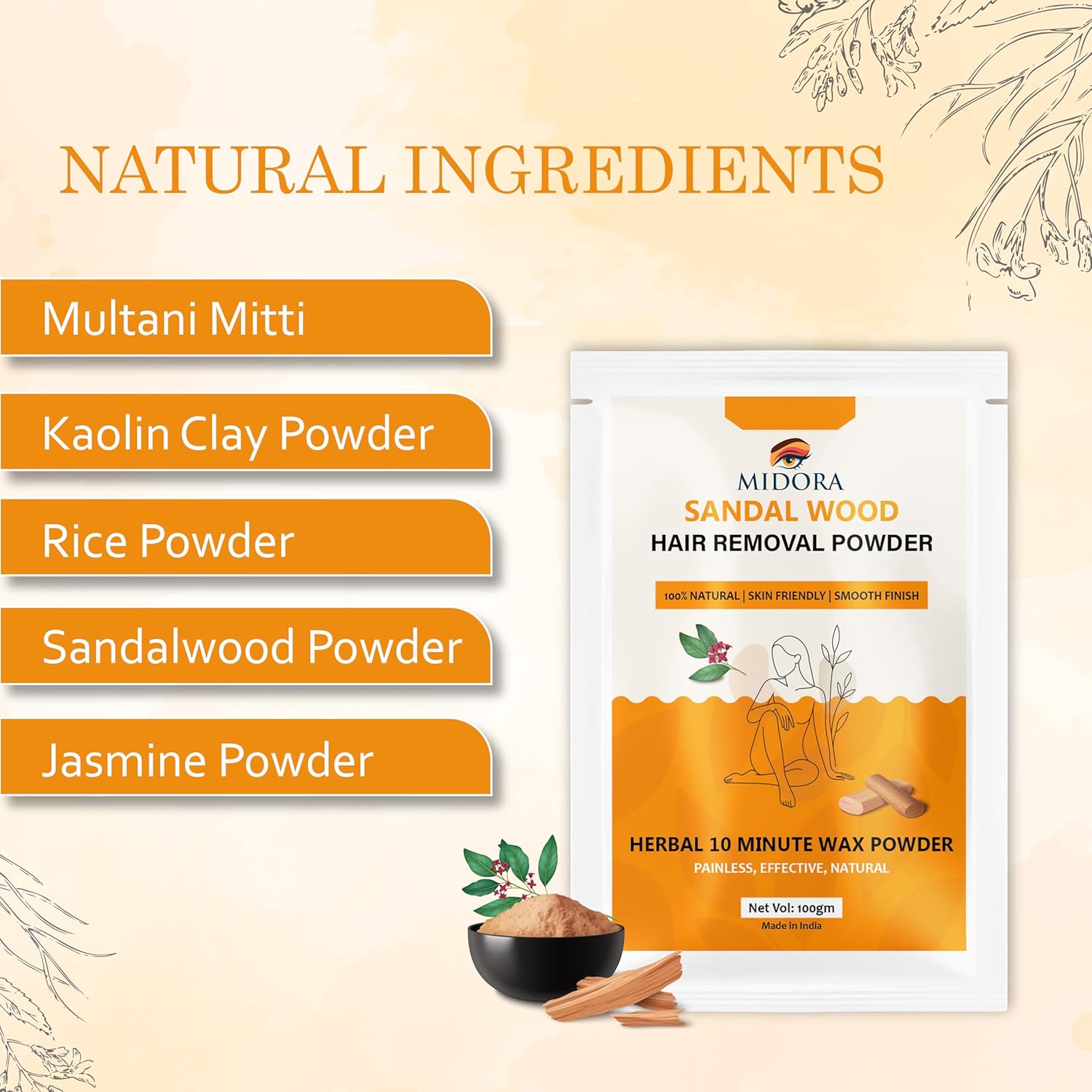 Midora Sandalwood Hair Removal Powder, Herbal Wax Powder, 100% Natural, Painless, 10 Minute Application, 100gm