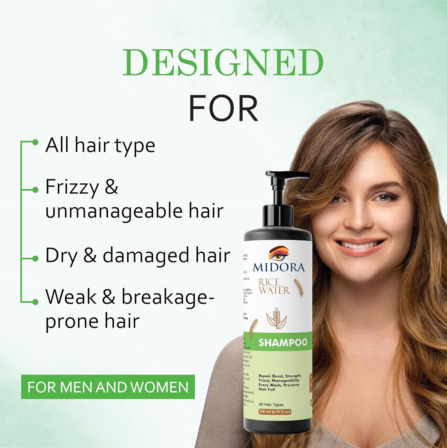 Midora Rice Water Shampoo for All Hair Types, Repair Bond Strength Frizzy Hair, Prevents Hair Fall, 200ml