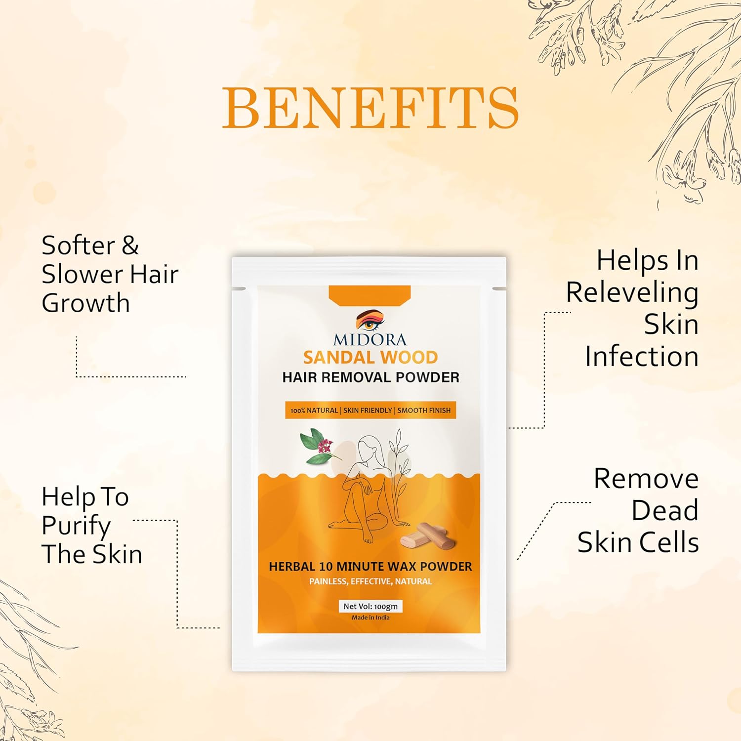 Midora Sandalwood Hair Removal Powder, Herbal Wax Powder, 100% Natural, Painless, 10 Minute Application, 100gm