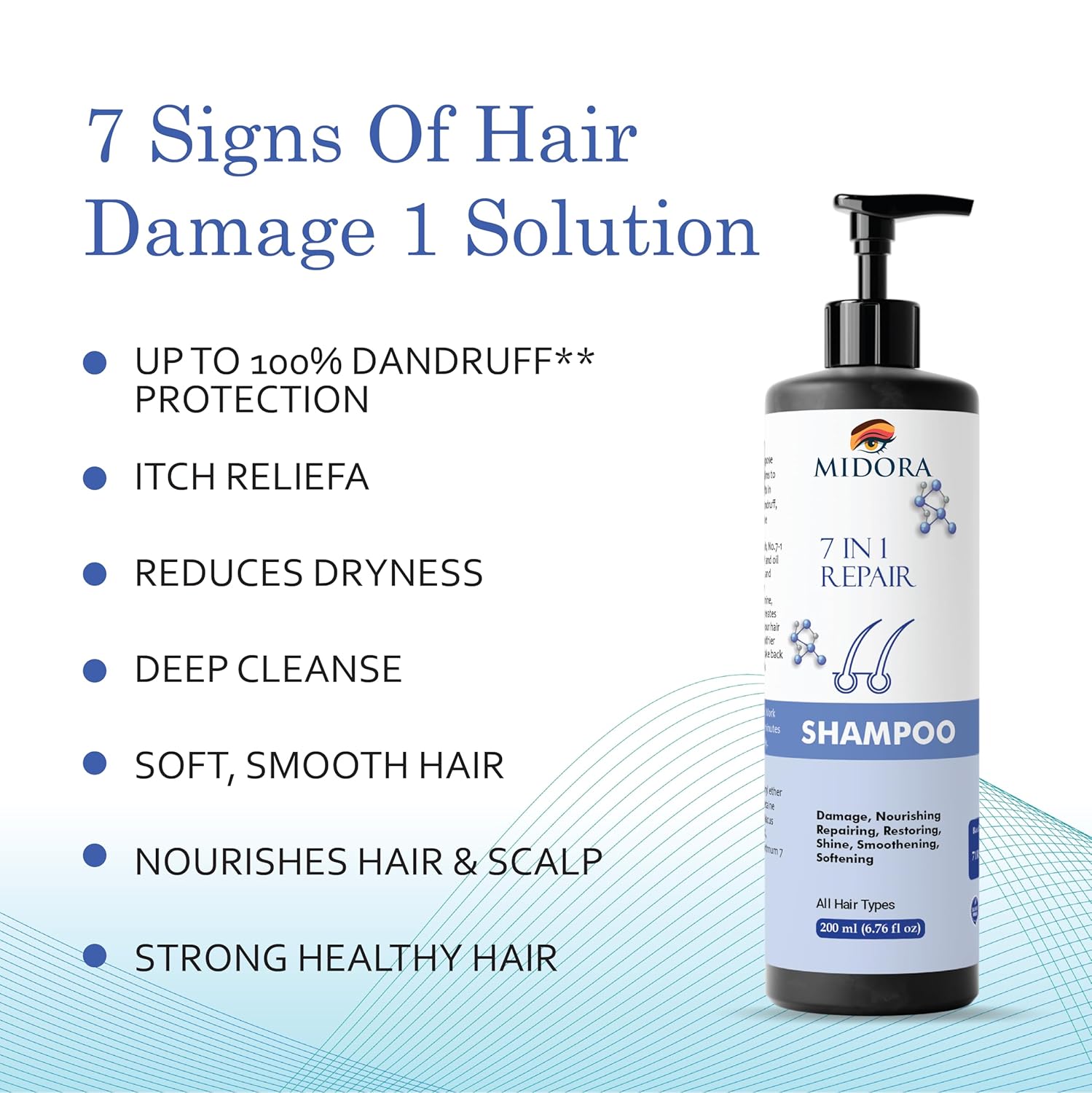 Midora 7-in-1 Repair Shampoo for All Hair Types, Nourishing and Restoring Formula, 200ml