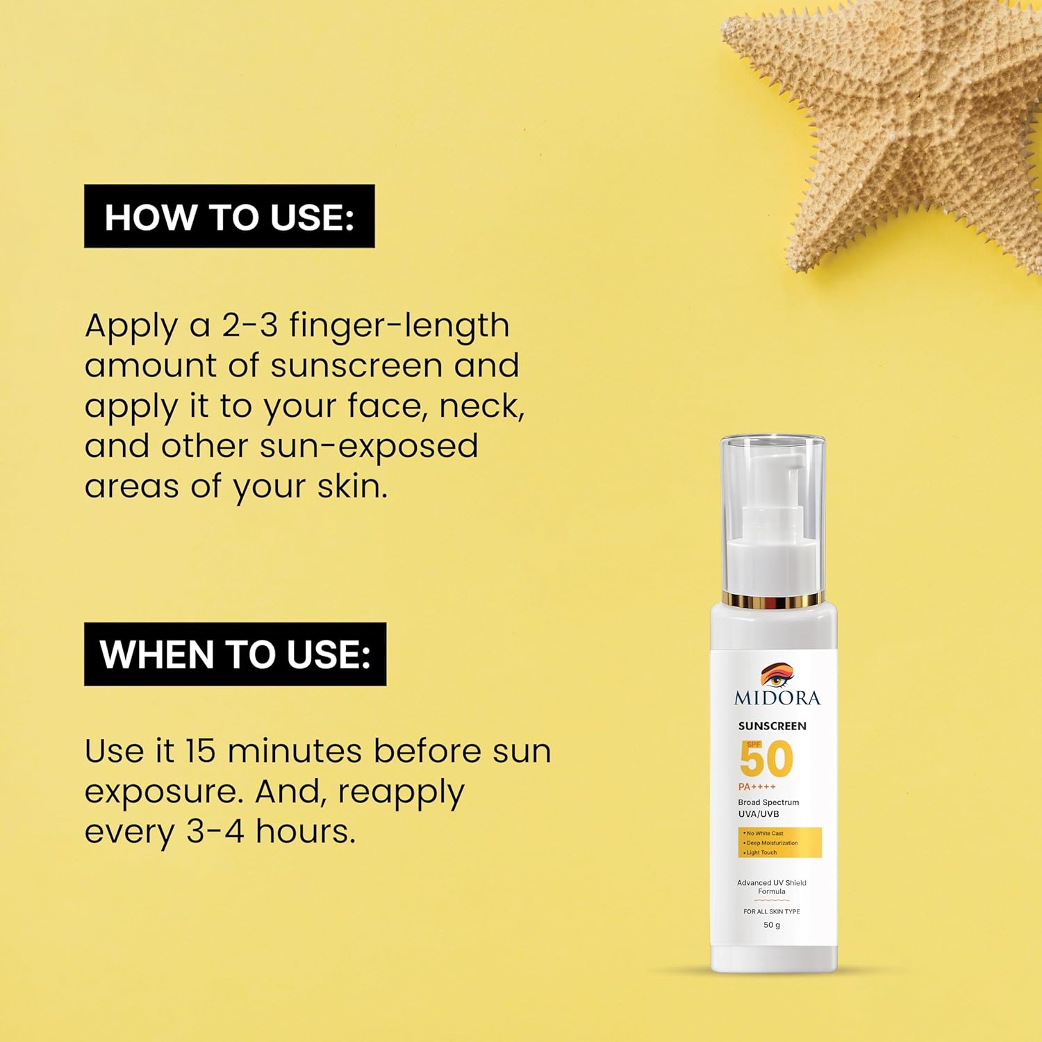 Midora Sunscreen SPF 50 PA++++, Broad Spectrum UVA/UVB, Lightweight Gel Formula, No White Cast, Matte Finish, All Skin Types (50GM)