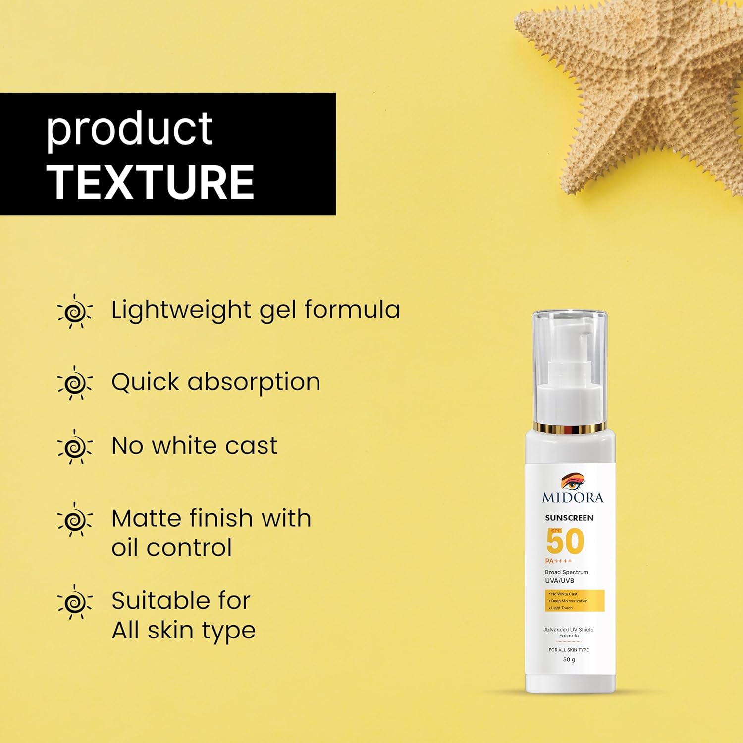 Midora Sunscreen SPF 50 PA++++, Broad Spectrum UVA/UVB, Lightweight Gel Formula, No White Cast, Matte Finish, All Skin Types (50GM)