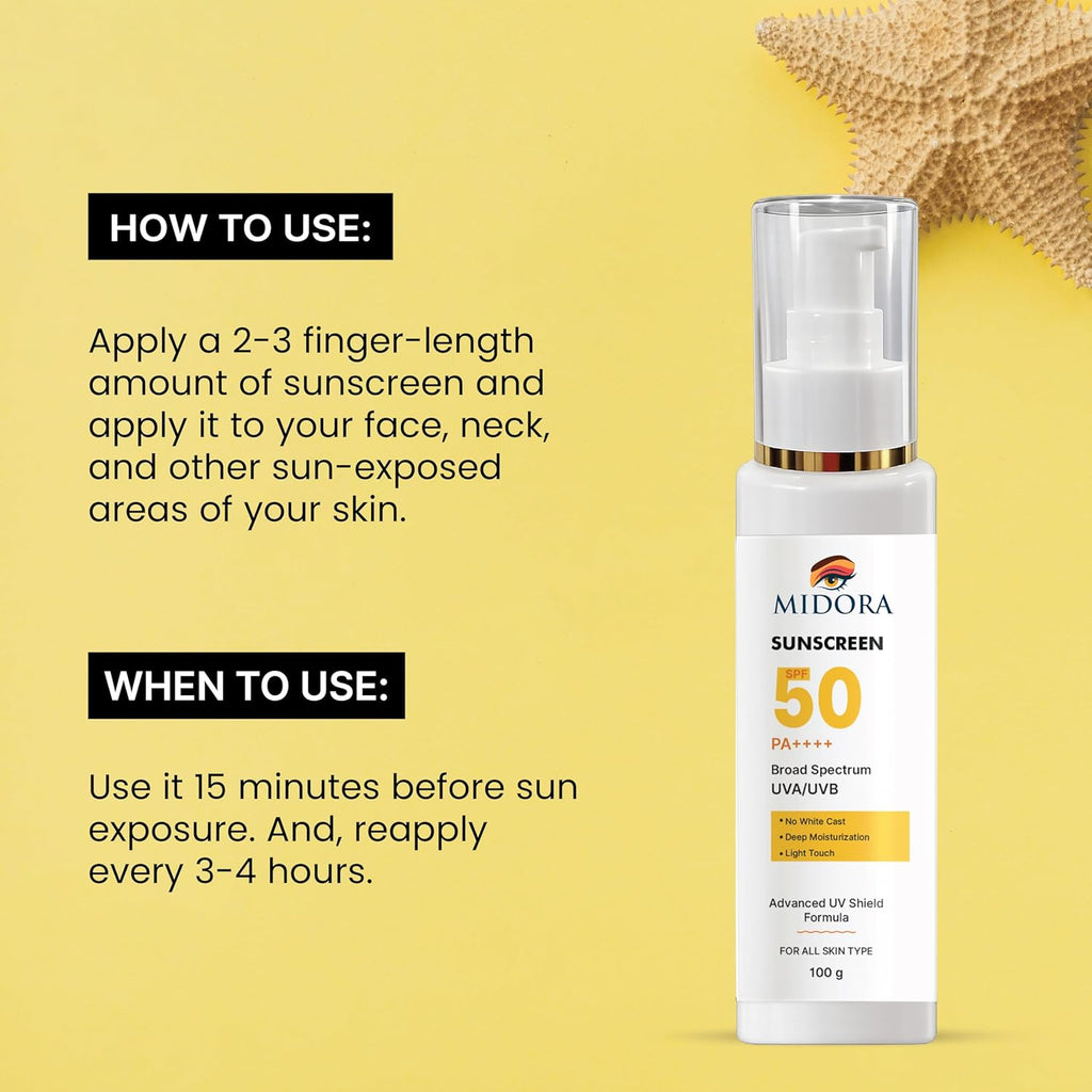 Midora Sunscreen SPF 50 PA++++, Broad Spectrum UVA/UVB, Lightweight Gel Formula, No White Cast, Matte Finish, All Skin Types (100GM)