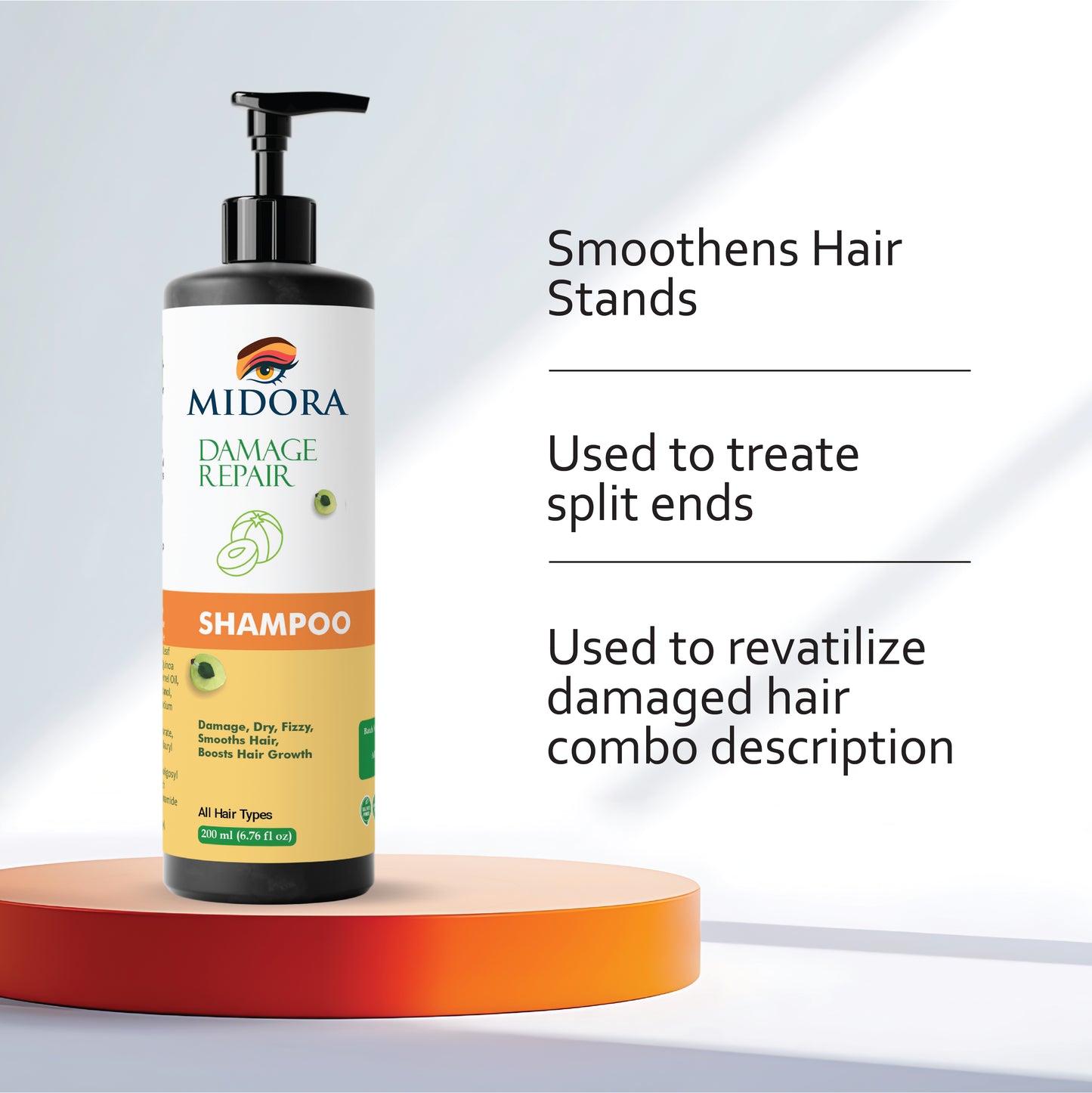 Midora Damage Repair Shampoo for All Hair Types, Smooths Dry Frizzy Hair, Boosts Growth, 200ml