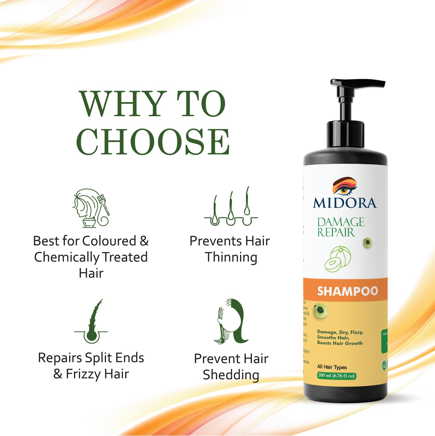 Midora Damage Repair Shampoo for All Hair Types, Smooths Dry Frizzy Hair, Boosts Growth, 200ml